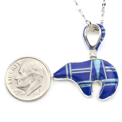 Kalifano Southwest Silver Jewelry Lapis Bear 925 Sterling Silver Pendant USA Handmade with Aqua Opal Accent NMN.1129.LP