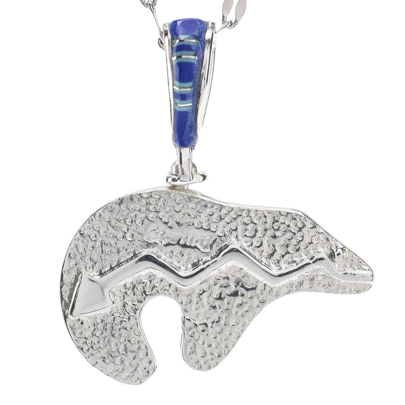 Kalifano Southwest Silver Jewelry Lapis Bear 925 Sterling Silver Pendant USA Handmade with Aqua Opal Accent NMN.1129.LP