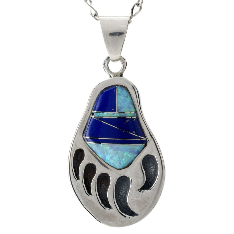 Kalifano Southwest Silver Jewelry Lapis Bear Claw 925 Sterling Silver Pendant USA Handmade with Aqua Opal Accent NMN.2318.LP