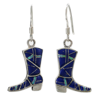 Kalifano Southwest Silver Jewelry Lapis Boot 925 Sterling Silver Earring with French Hook USA Handmade with Aqua Opal Accent NME.2297.LP