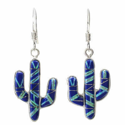Kalifano Southwest Silver Jewelry Lapis Cactus 925 Sterling Silver Earring with French Hook USA Handmade with Aqua Opal Accent NME.0602.LP