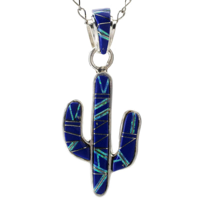 Kalifano Southwest Silver Jewelry Lapis Cactus 925 Sterling Silver Pendant USA Handmade with Aqua Opal Accent NMN.0602.LP