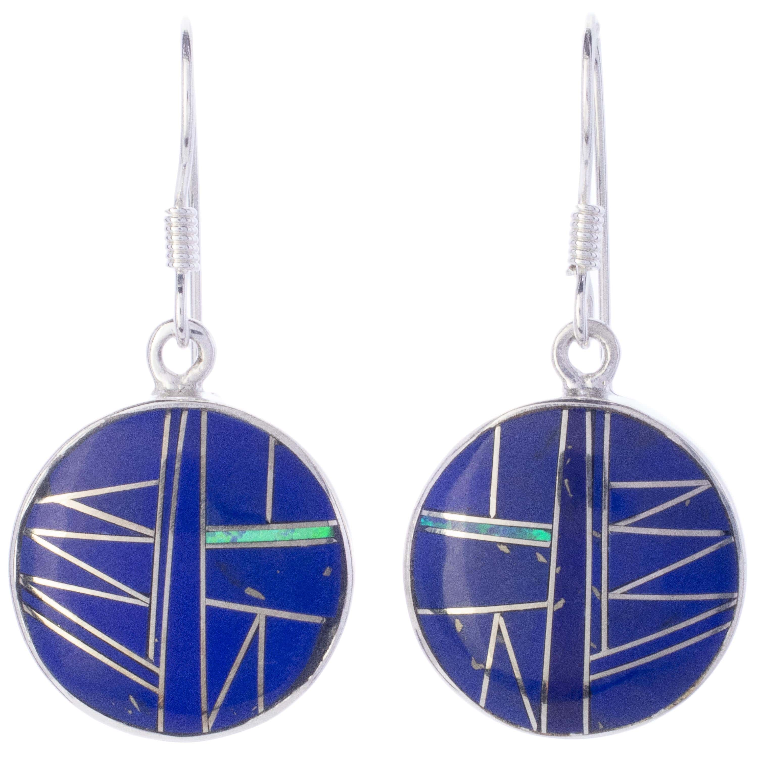 KALIFANO Southwest Silver Jewelry Lapis Circular Sterling Silver Dangle Earrings with French Hook USA Handmade with Opal Accent NME.2014.LP