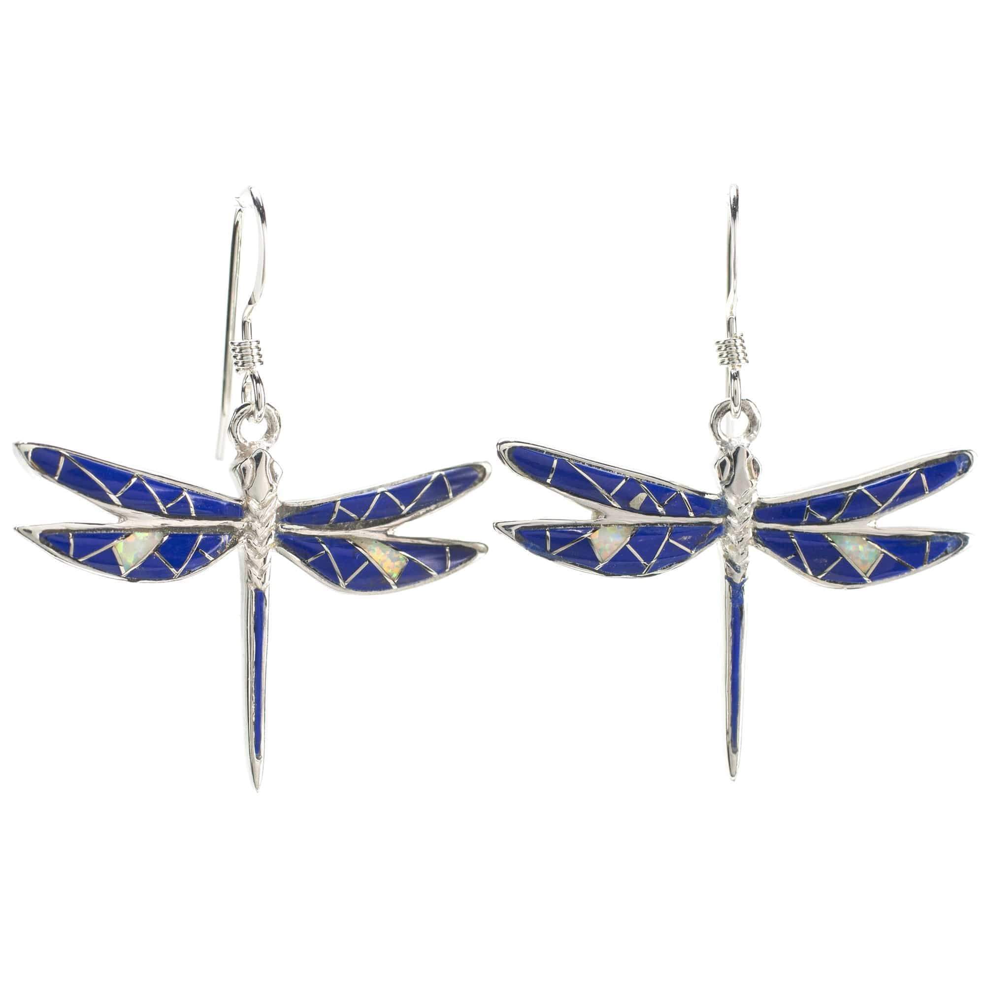 Kalifano Southwest Silver Jewelry Lapis Dragonfly 925 Sterling Silver Earring with French Hook USA Handmade with Opal Accent NME.2296S.LP