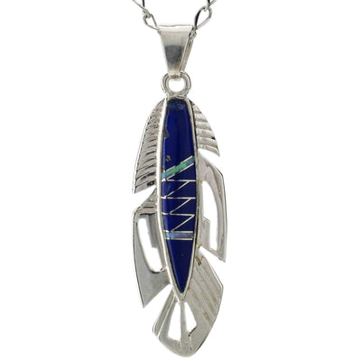 Kalifano Southwest Silver Jewelry Lapis Feather 925 Sterling Silver Pendant USA Handmade with Opal Accent NMN.2113.LP