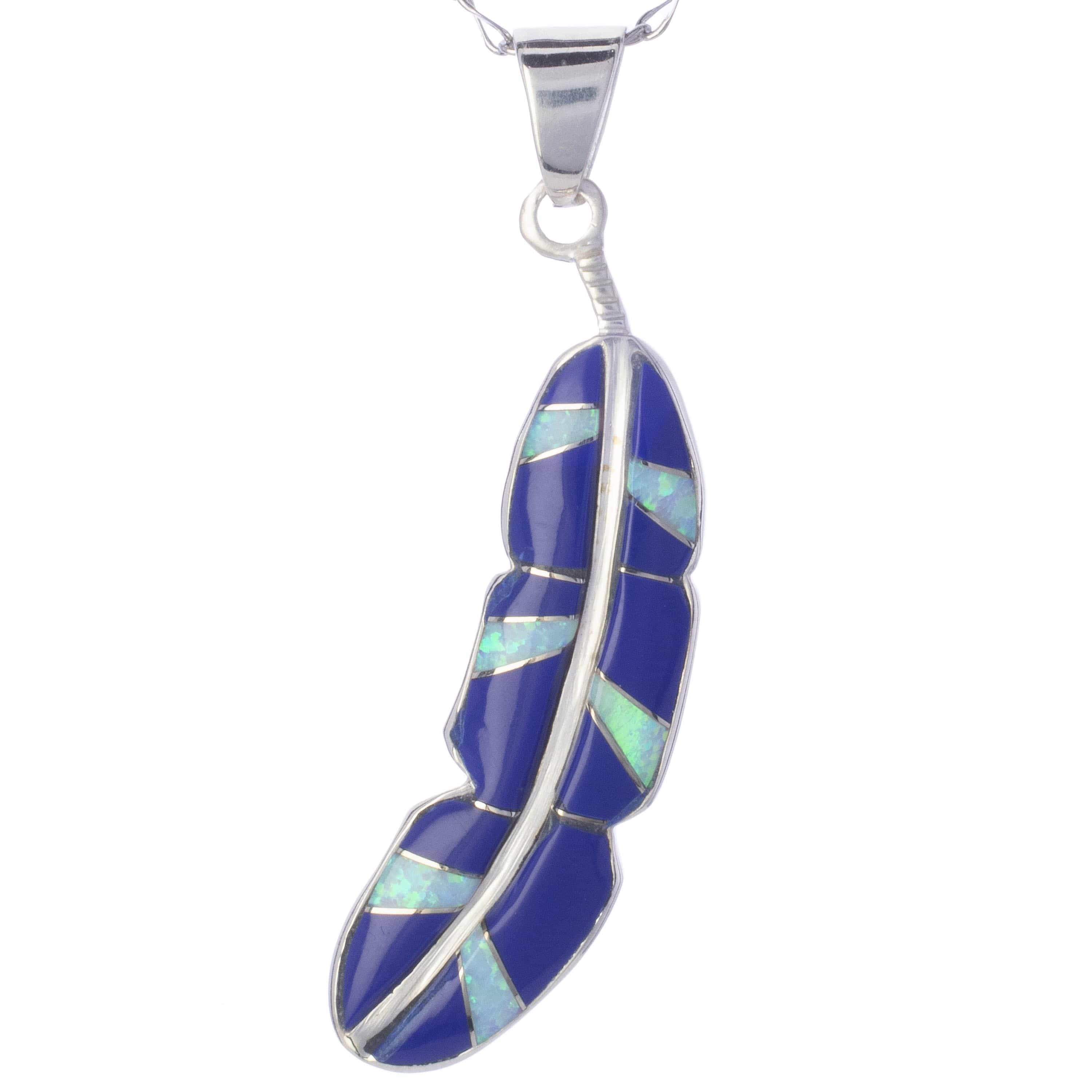 Kalifano Southwest Silver Jewelry Lapis Feather 925 Sterling Silver Pendant USA Handmade with Opal Accent NMN.2312.LP