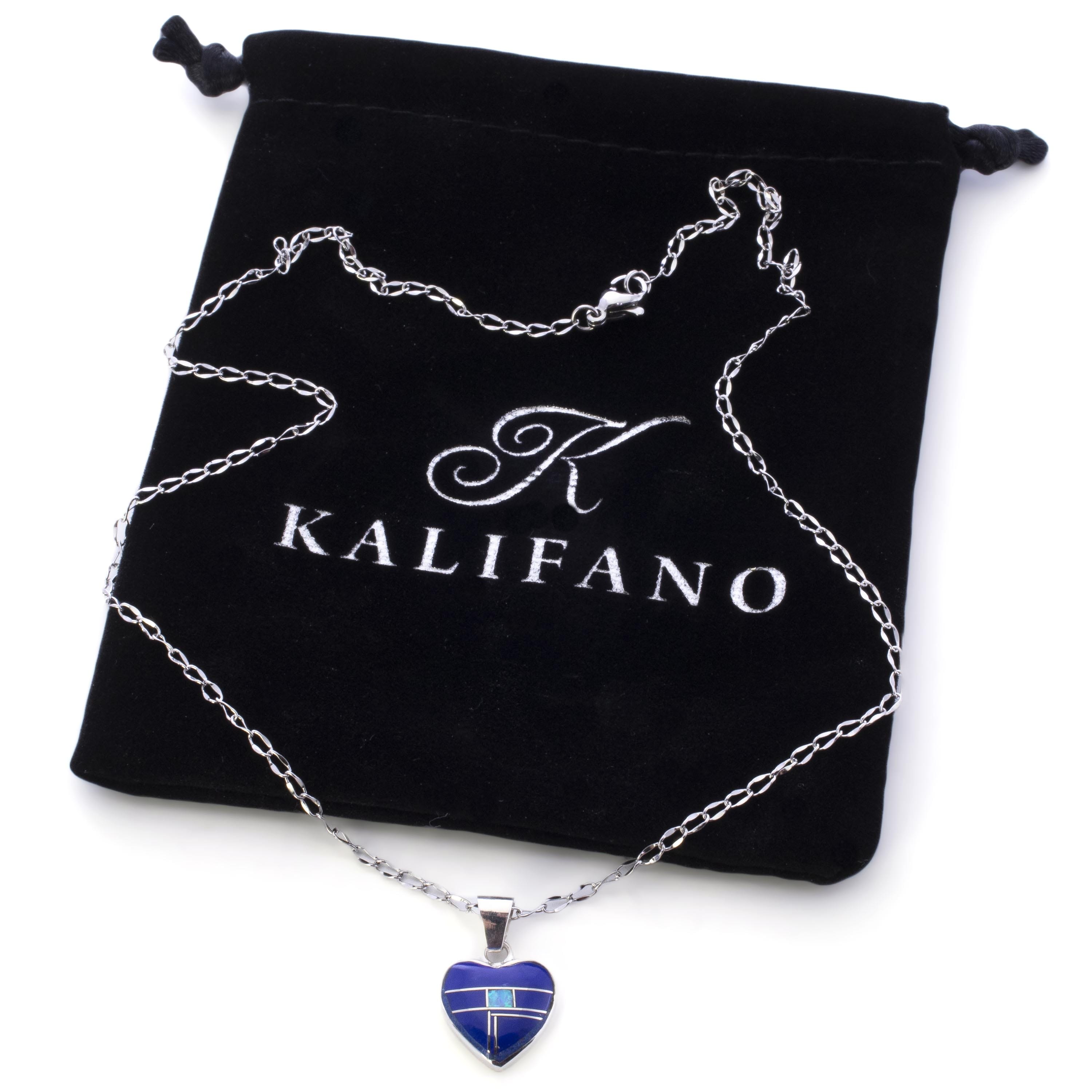 Kalifano Southwest Silver Jewelry Lapis Heart 925 Sterling Silver Pendant USA Handmade with Opal Accent NMN.2240.LP