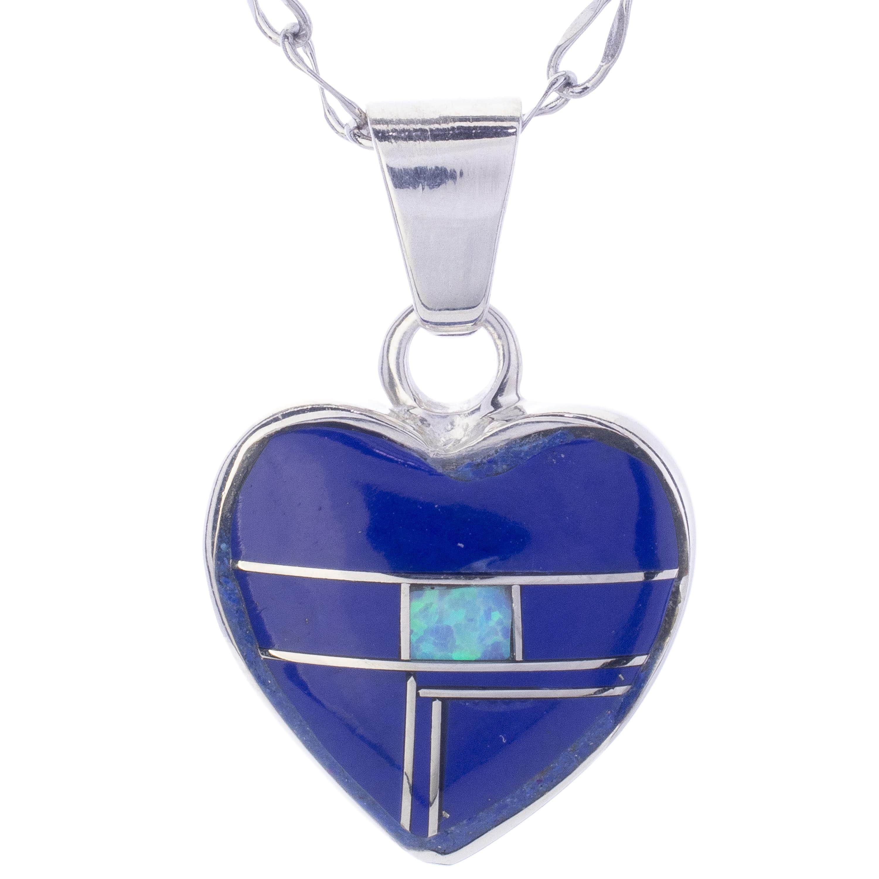 Kalifano Southwest Silver Jewelry Lapis Heart 925 Sterling Silver Pendant USA Handmade with Opal Accent NMN.2240.LP