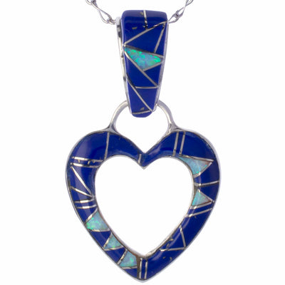 KALIFANO Southwest Silver Jewelry Lapis Heart Handmade with Sterling Silver Pendant and Opal Accent NMN.2165.LP
