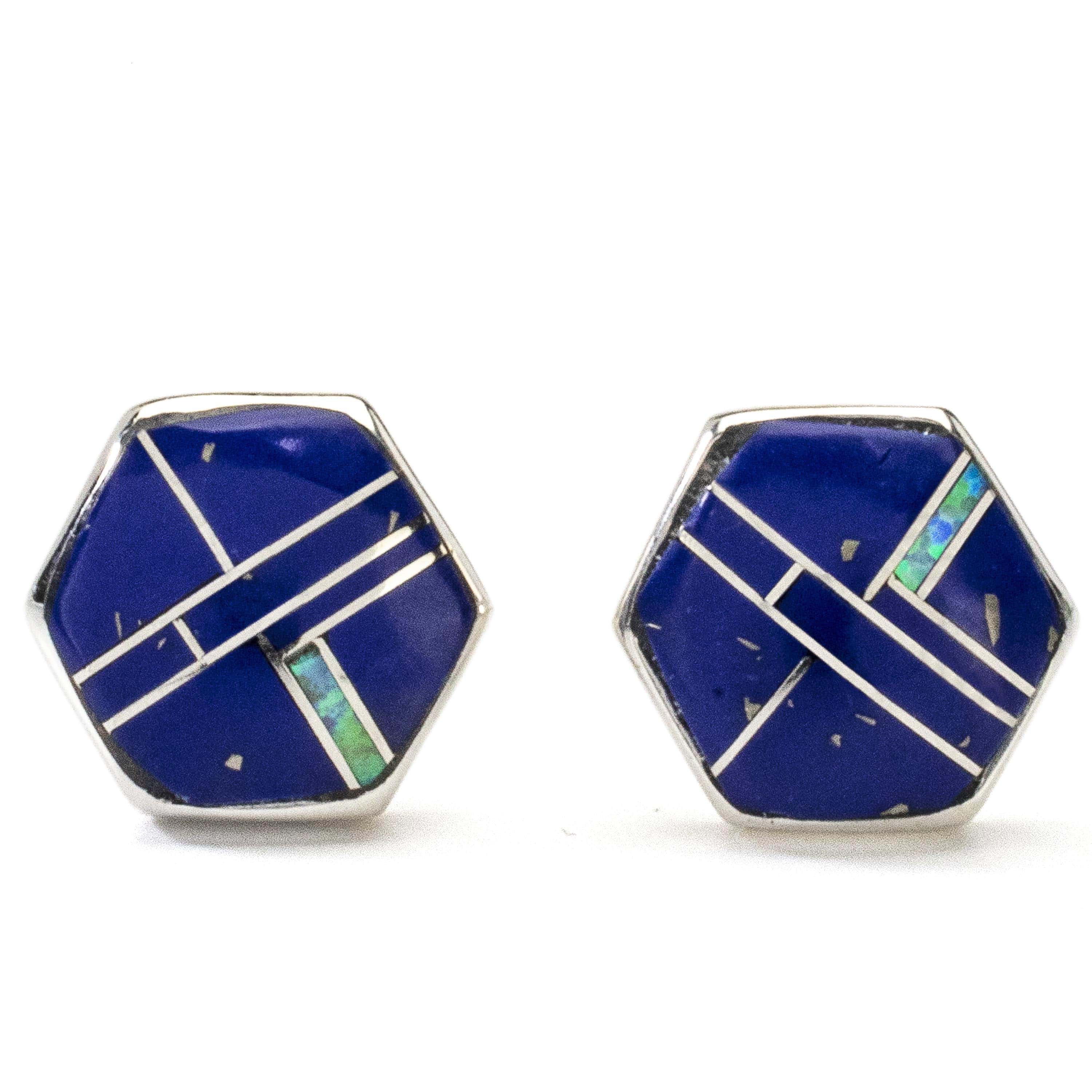 Kalifano Southwest Silver Jewelry Lapis Hexagon Earrings Handmade with Sterling Silver and Opal Accent NME.2264.LP