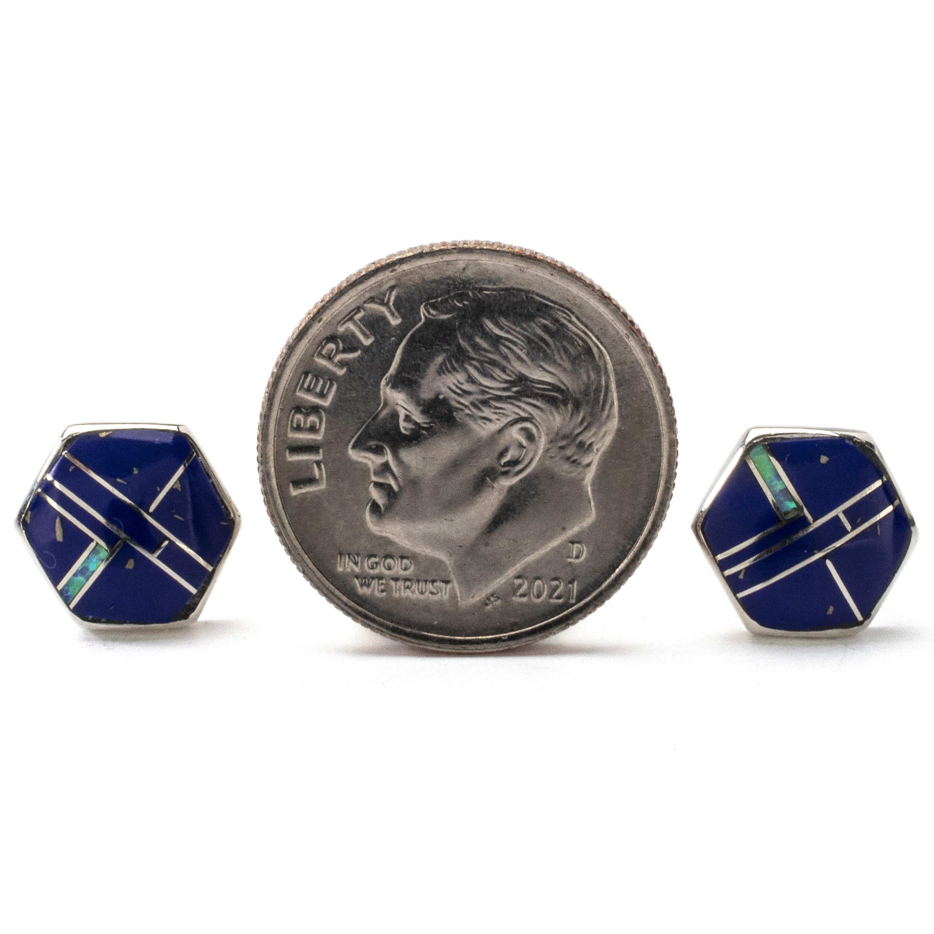 Kalifano Southwest Silver Jewelry Lapis Hexagon Earrings Handmade with Sterling Silver and Opal Accent NME.2264.LP