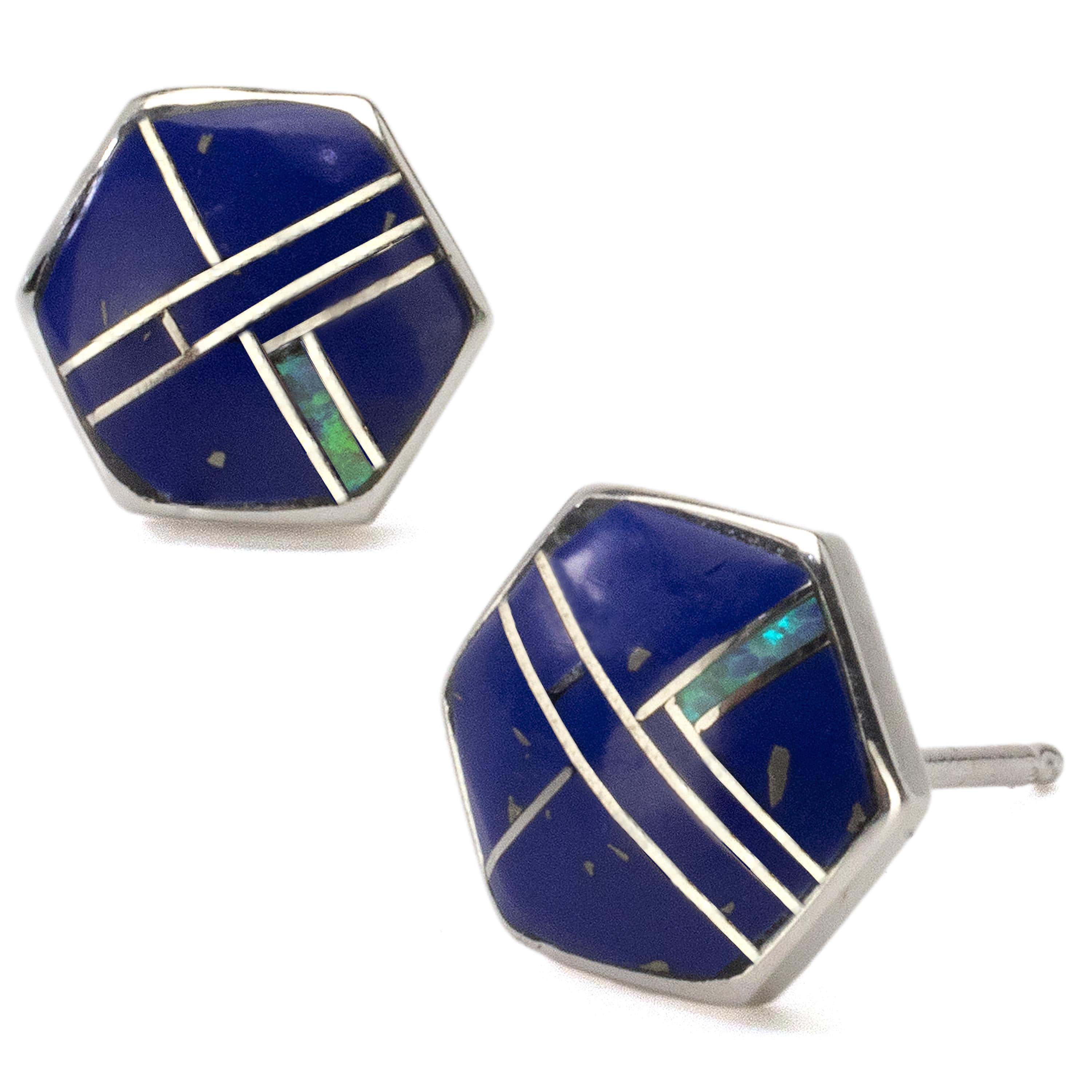Kalifano Southwest Silver Jewelry Lapis Hexagon Earrings Handmade with Sterling Silver and Opal Accent NME.2264.LP