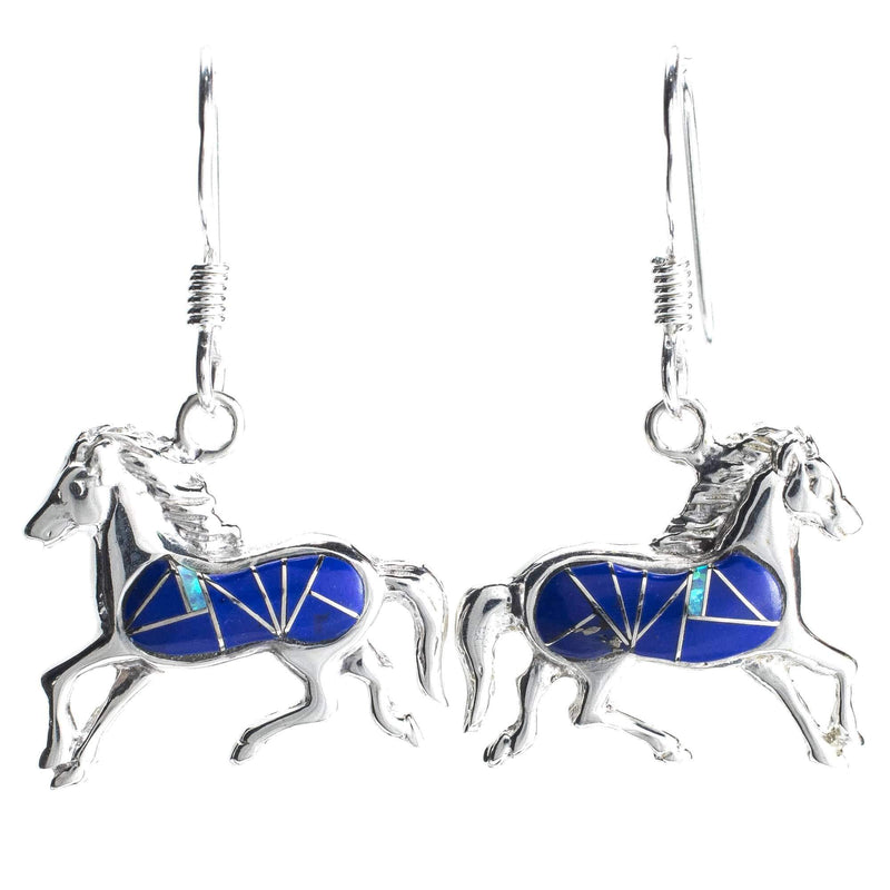 Kalifano Southwest Silver Jewelry Lapis Horse 925 Sterling Silver Earring with French Hook USA Handmade with Opal Accent NME.0610.LP