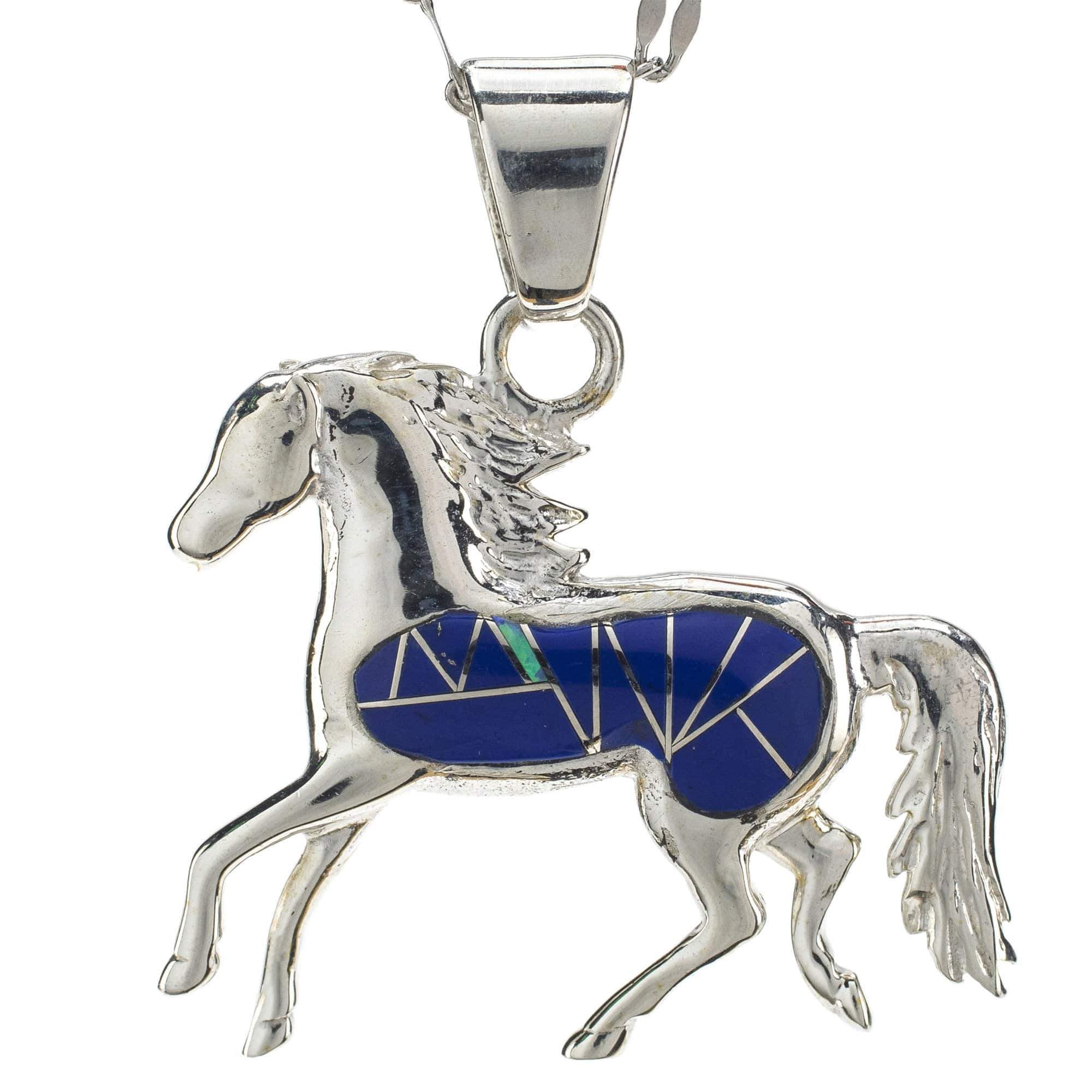 Kalifano Southwest Silver Jewelry Lapis Horse 925 Sterling Silver Pendant USA Handmade with Opal Accent NMN.0610.LP
