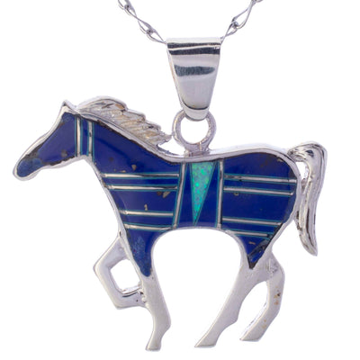 Kalifano Southwest Silver Jewelry Lapis Horse 925 Sterling Silver Pendant USA Handmade with Opal Accent NMN.1089.LP