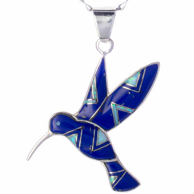 Kalifano Southwest Silver Jewelry Lapis Hummingbird 925 Sterling Silver Pendant USA Handmade with Opal Accent NMN.2323.LP