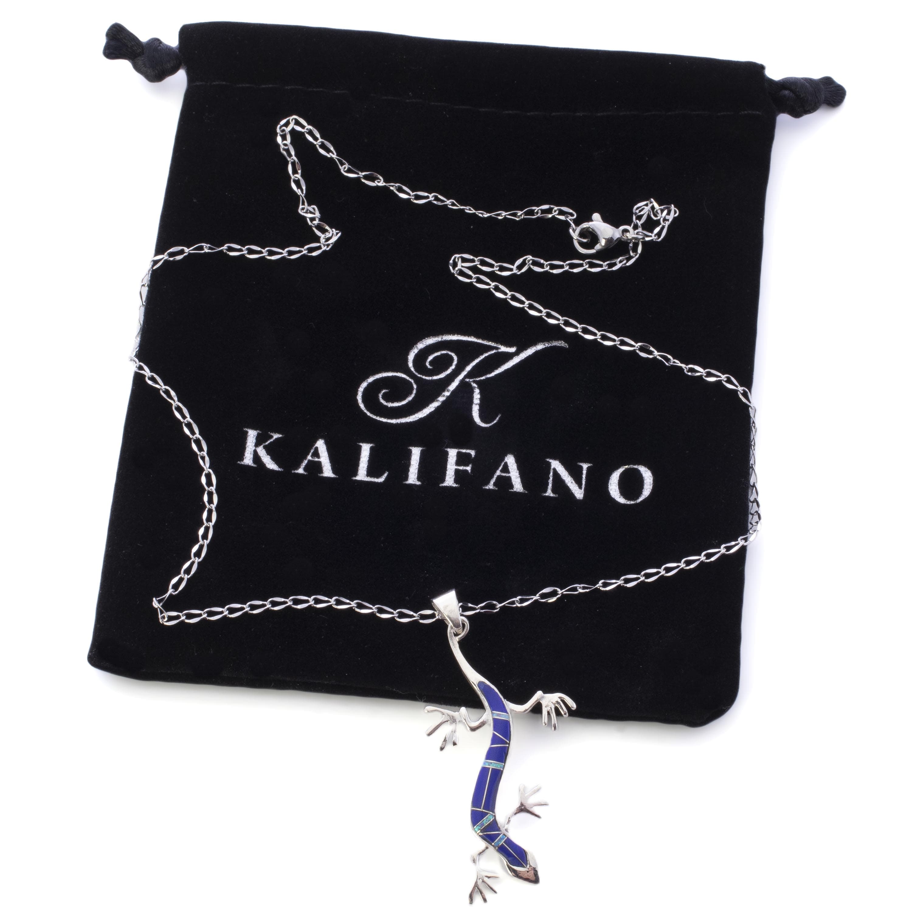 Kalifano Southwest Silver Jewelry Lapis Lizard 925 Sterling Silver Pendant USA Handmade with Opal Accent NMN.2164.LP