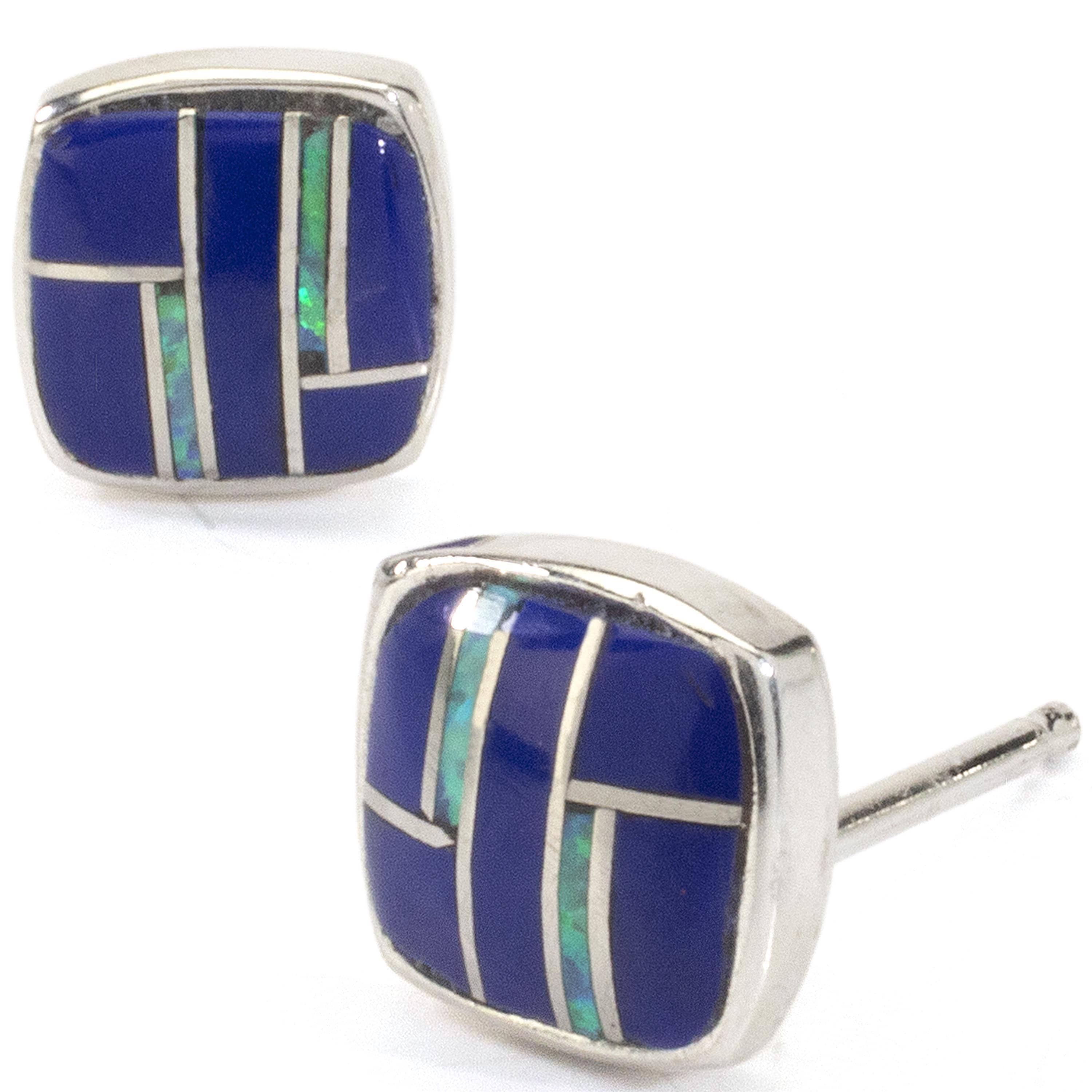 Kalifano Southwest Silver Jewelry Lapis Pentagon Earrings Handmade with Sterling Silver and Opal Accent NME.2241.LP