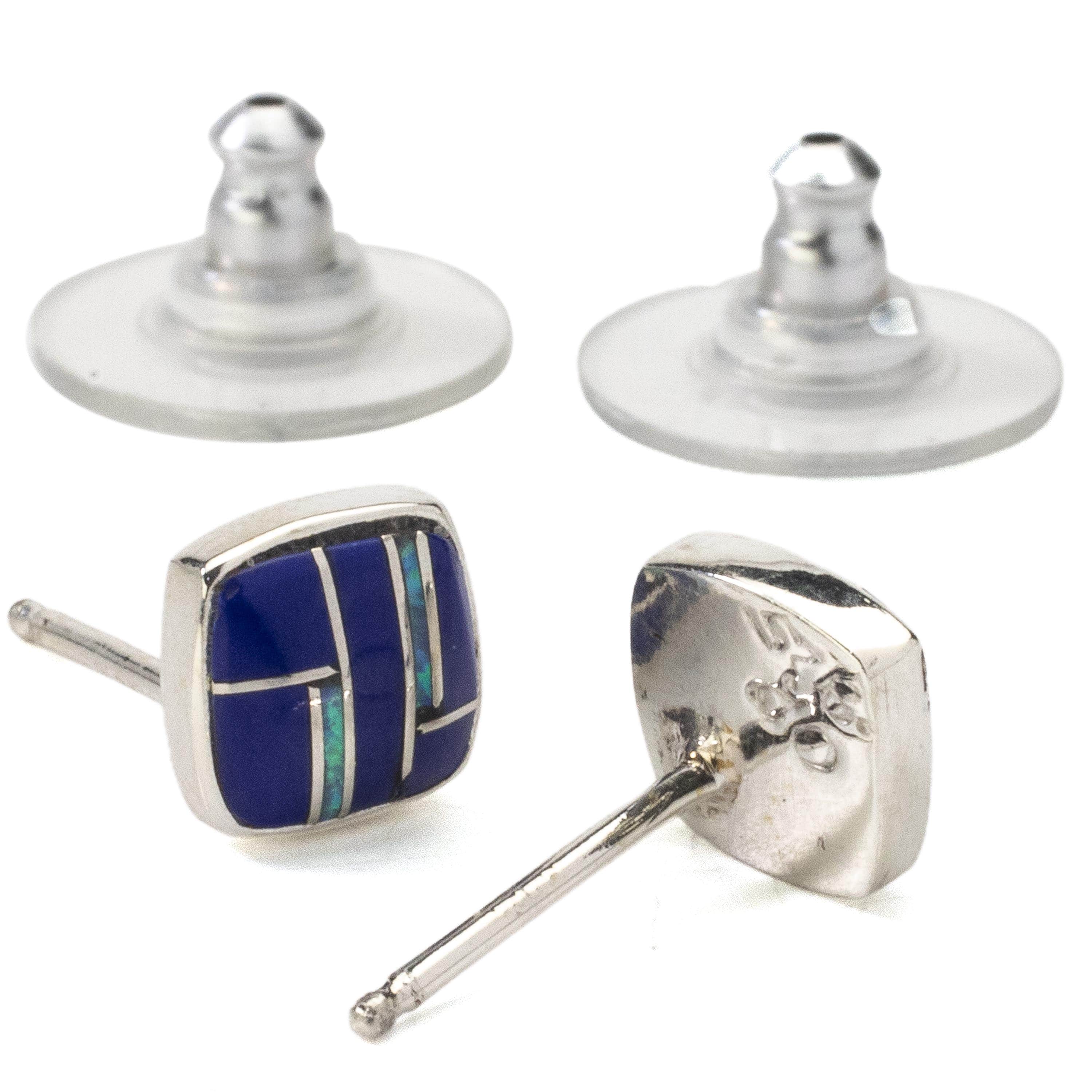 Kalifano Southwest Silver Jewelry Lapis Pentagon Earrings Handmade with Sterling Silver and Opal Accent NME.2241.LP