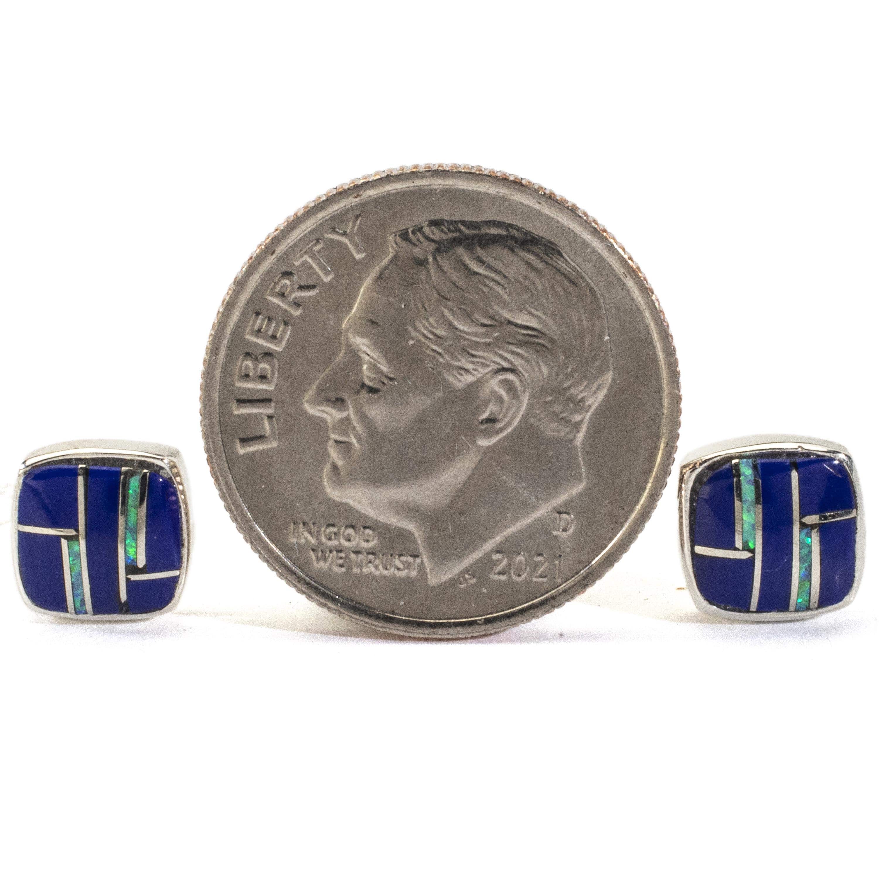 Kalifano Southwest Silver Jewelry Lapis Pentagon Earrings Handmade with Sterling Silver and Opal Accent NME.2241.LP