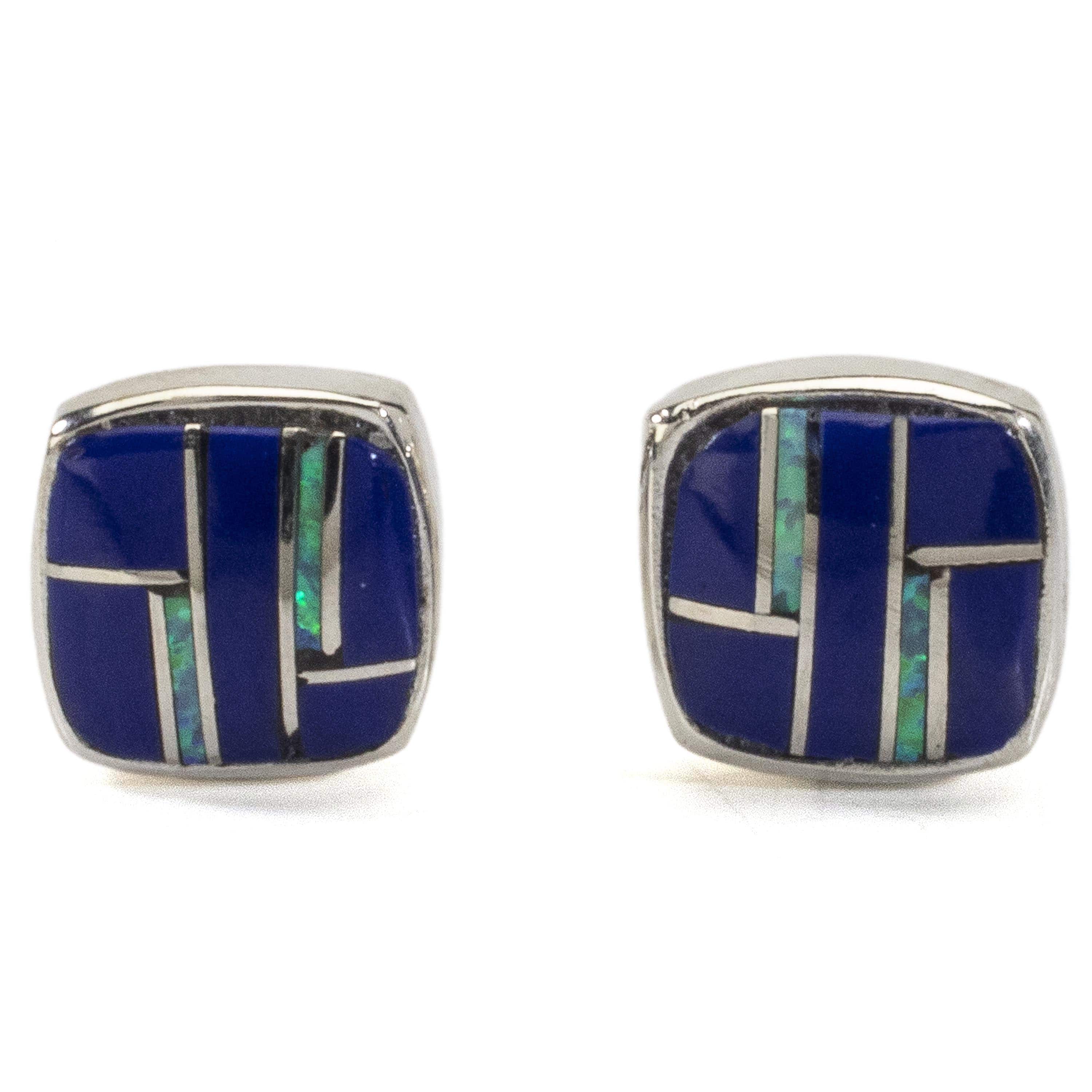 Kalifano Southwest Silver Jewelry Lapis Pentagon Earrings Handmade with Sterling Silver and Opal Accent NME.2241.LP