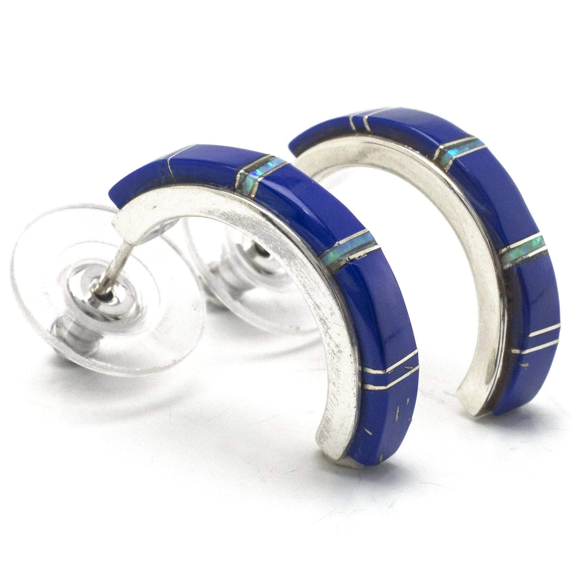 Kalifano Southwest Silver Jewelry Lapis Semi Hoop 925 Sterling Silver Earring USA Handmade with Opal Accent NME.0406.LP