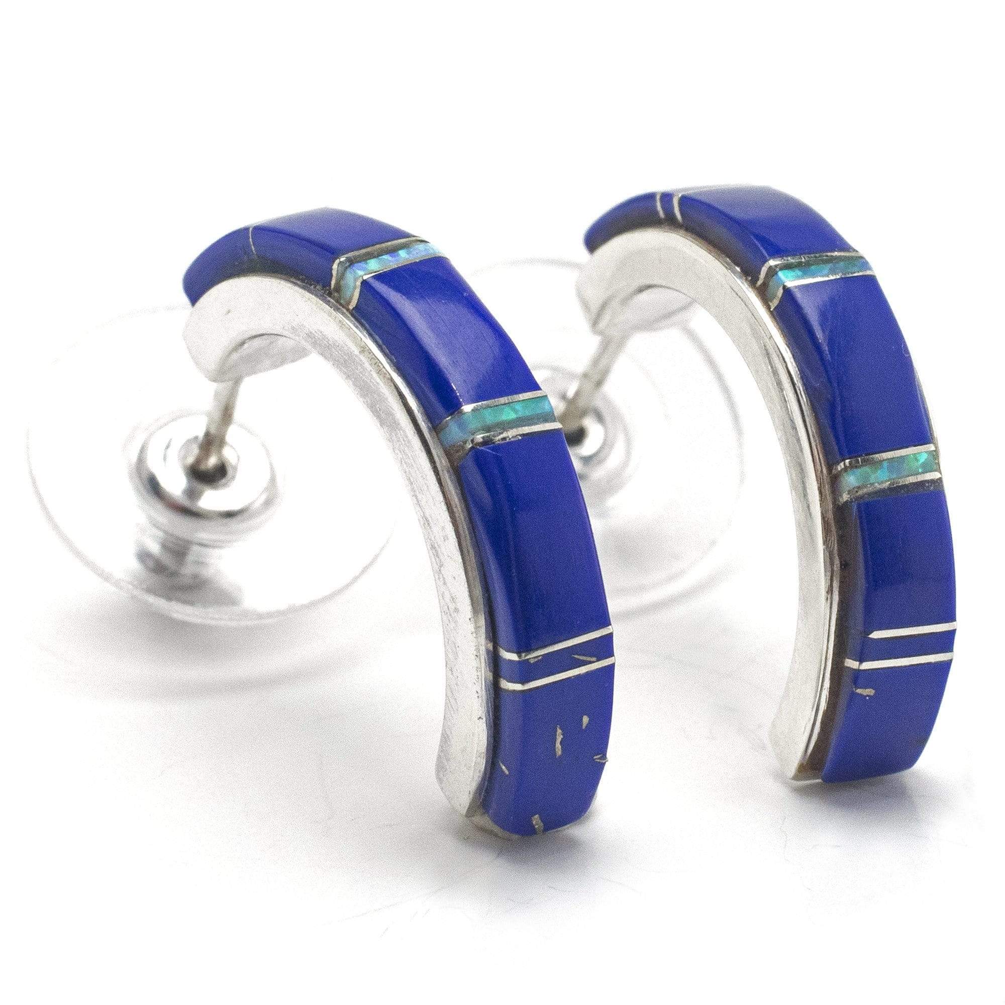 Kalifano Southwest Silver Jewelry Lapis Semi Hoop 925 Sterling Silver Earring USA Handmade with Opal Accent NME.0406.LP