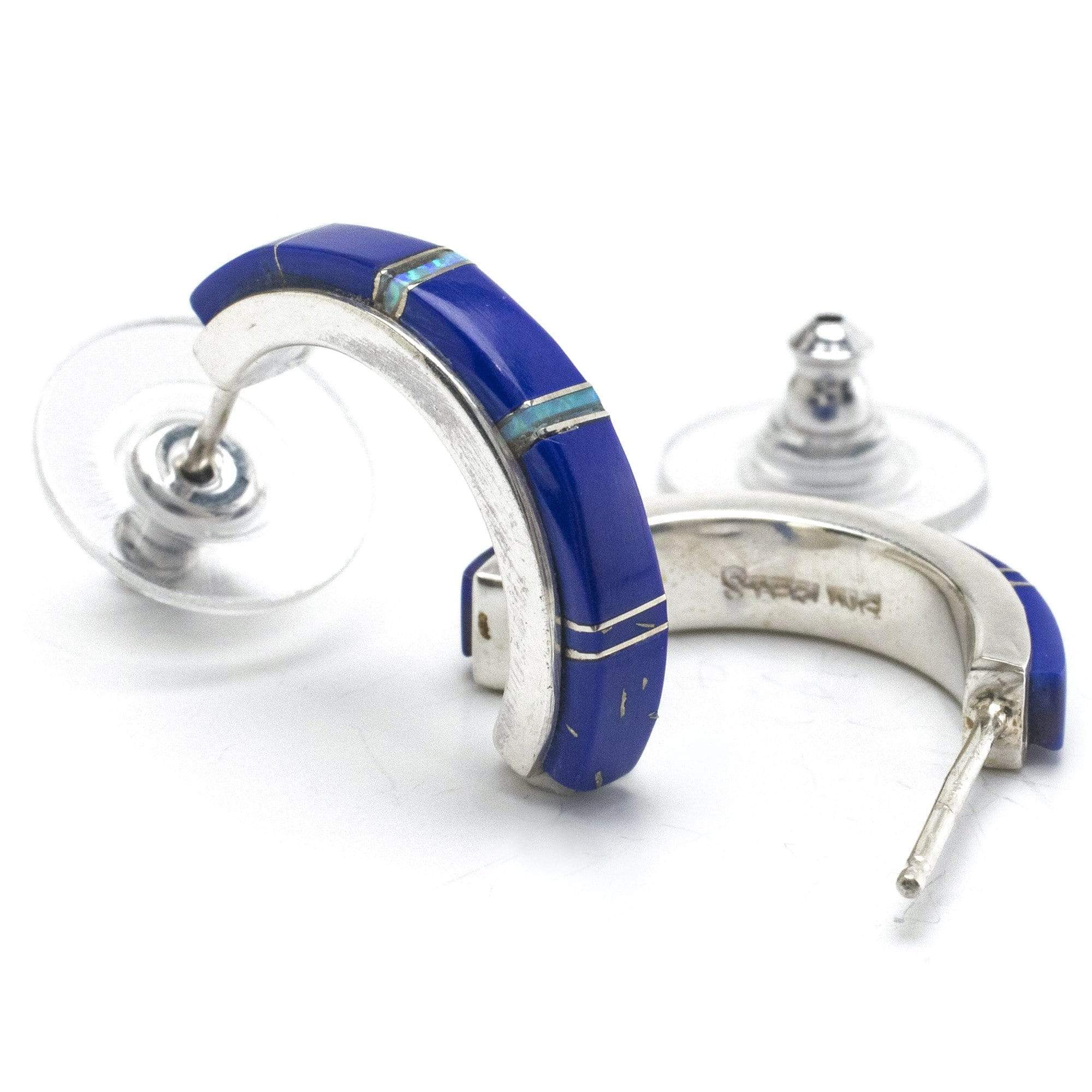 Kalifano Southwest Silver Jewelry Lapis Semi Hoop 925 Sterling Silver Earring USA Handmade with Opal Accent NME.0406.LP