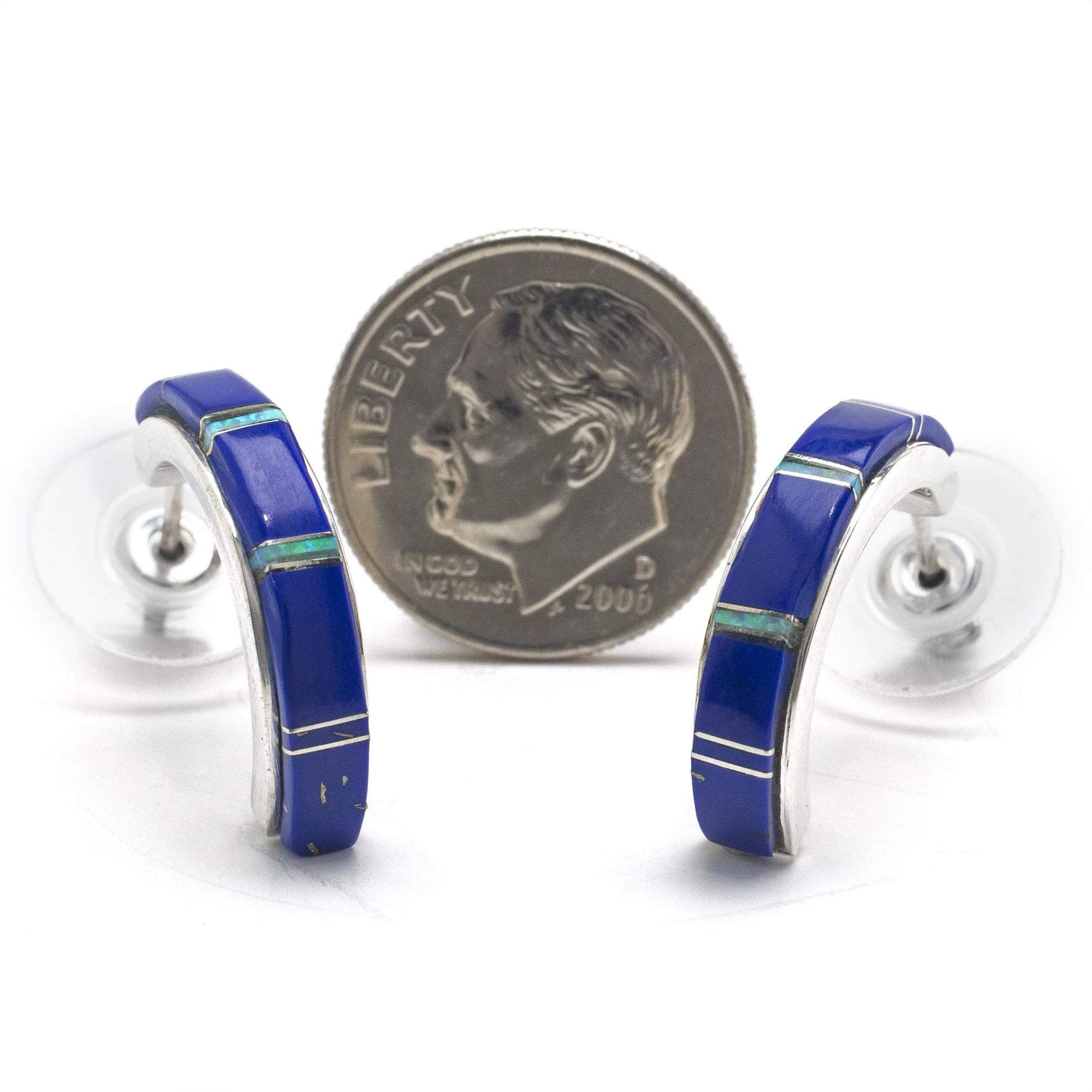 Kalifano Southwest Silver Jewelry Lapis Semi Hoop 925 Sterling Silver Earring USA Handmade with Opal Accent NME.0406.LP