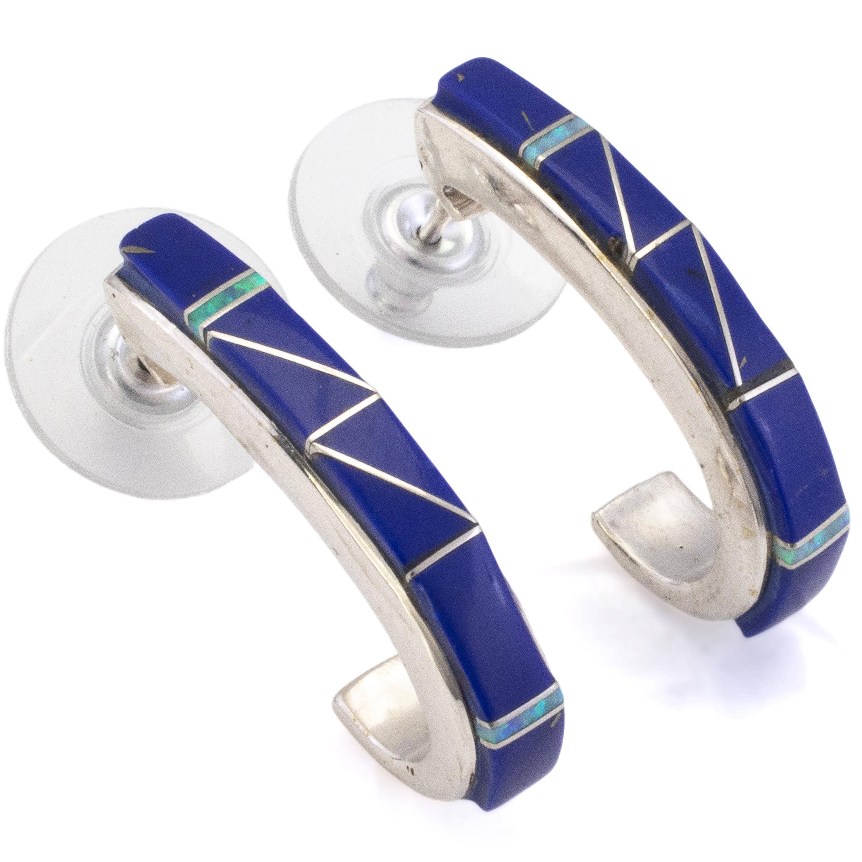 KALIFANO Southwest Silver Jewelry Lapis Semi Hoop Sterling Silver Earrings with Stud Backing USA Handmade with Opal Accent NME.0616.LP