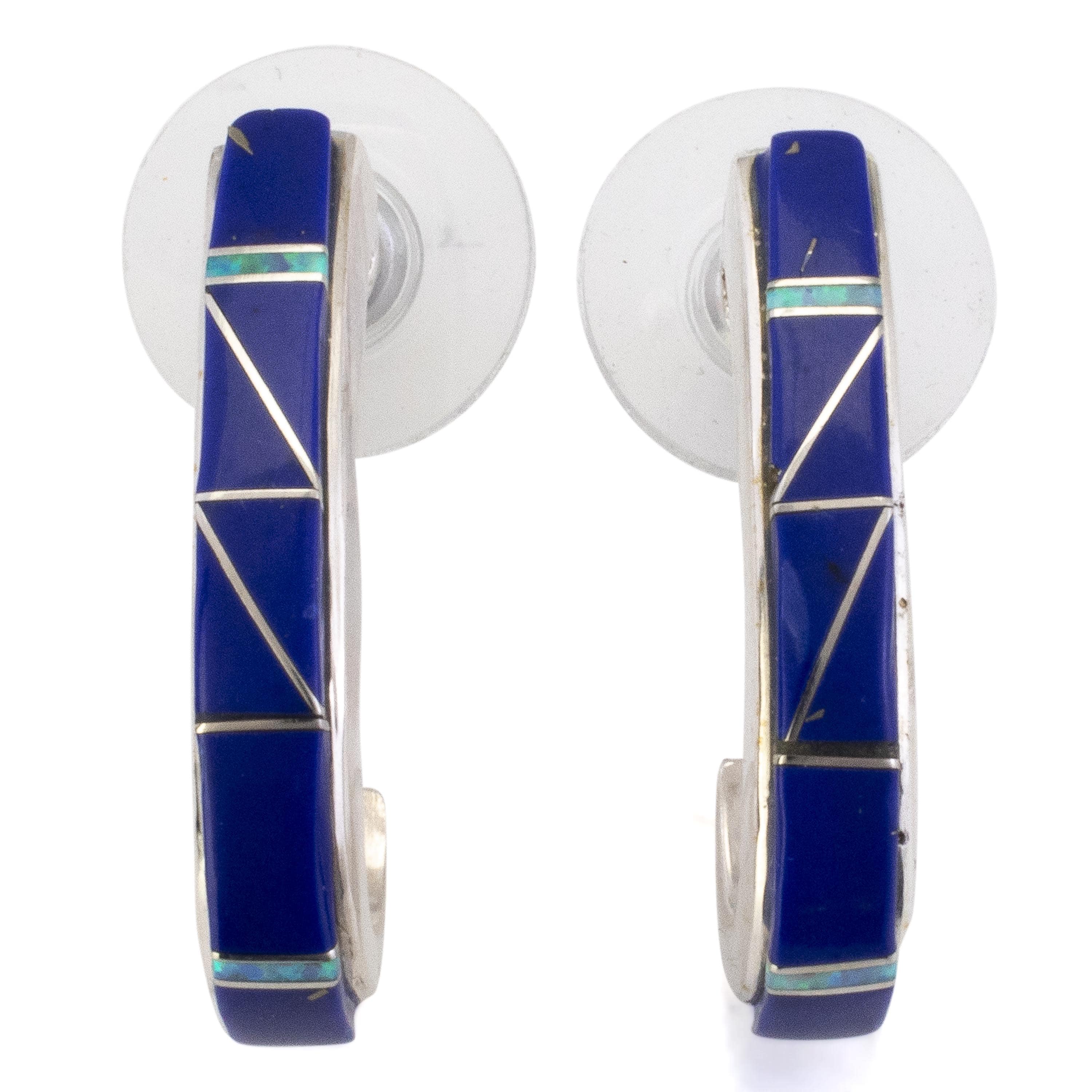 KALIFANO Southwest Silver Jewelry Lapis Semi Hoop Sterling Silver Earrings with Stud Backing USA Handmade with Opal Accent NME.0616.LP