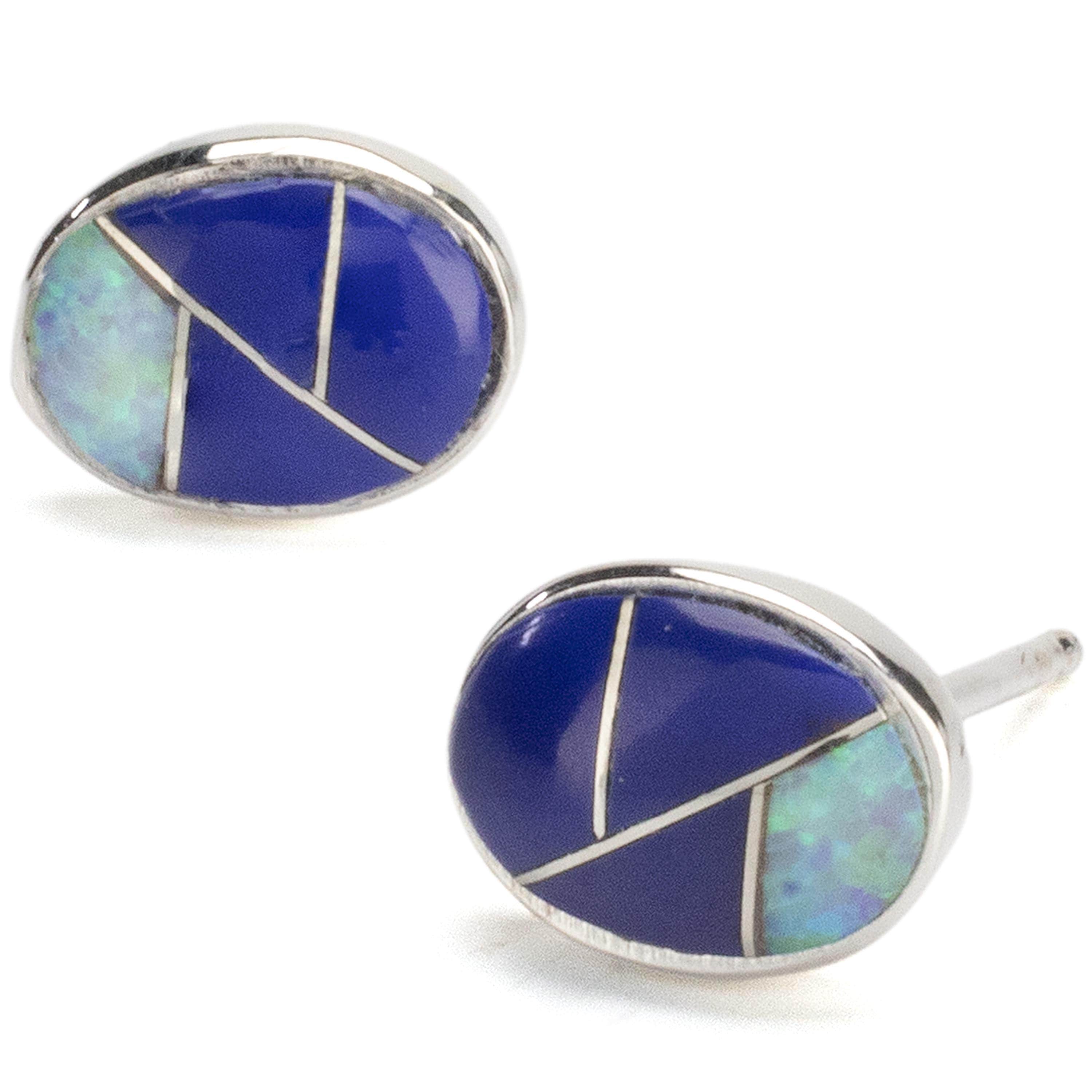 Kalifano Southwest Silver Jewelry Lapis Shell Oval Earrings Handmade with Sterling Silver and Opal Accent NME.2306.LP
