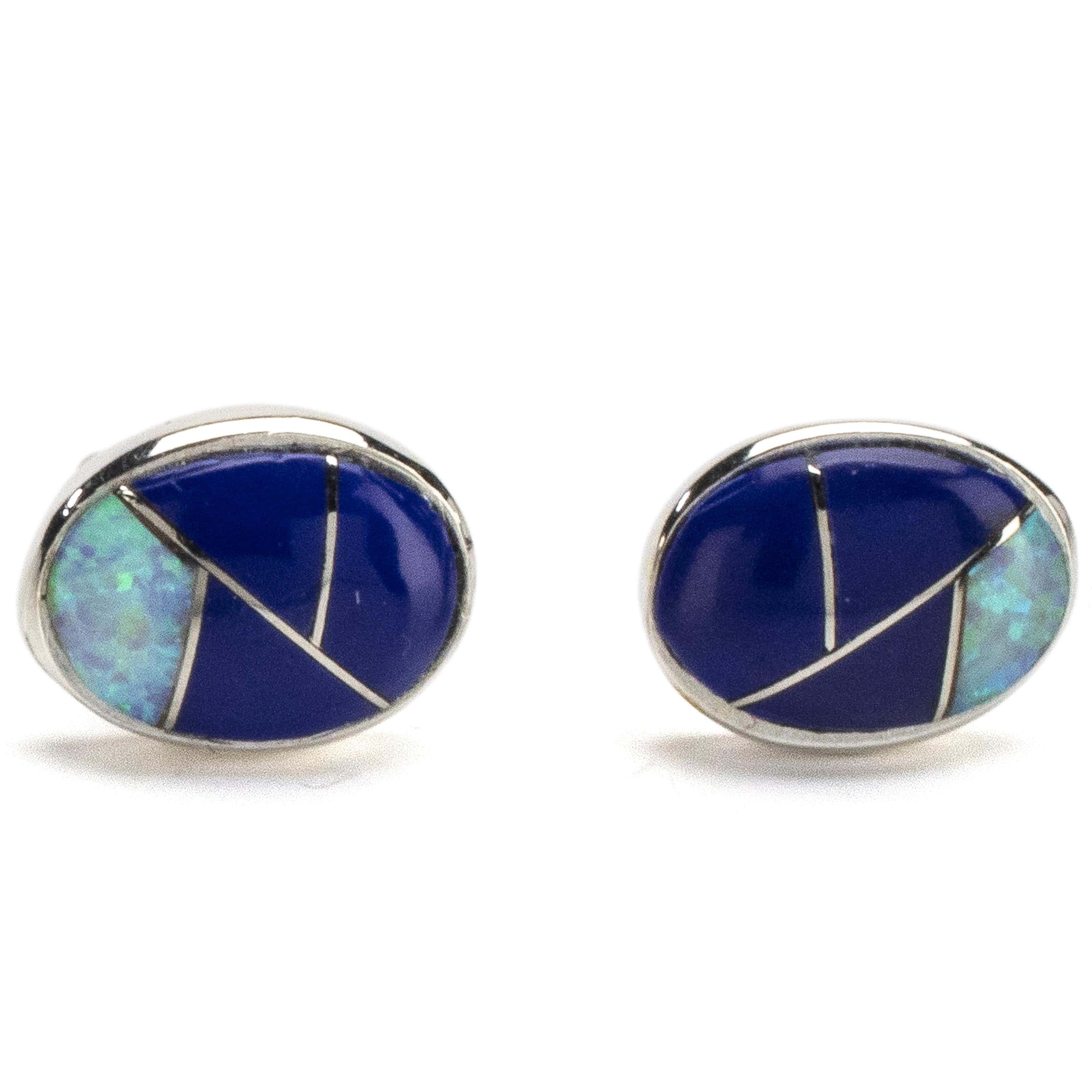 Kalifano Southwest Silver Jewelry Lapis Shell Oval Earrings Handmade with Sterling Silver and Opal Accent NME.2306.LP