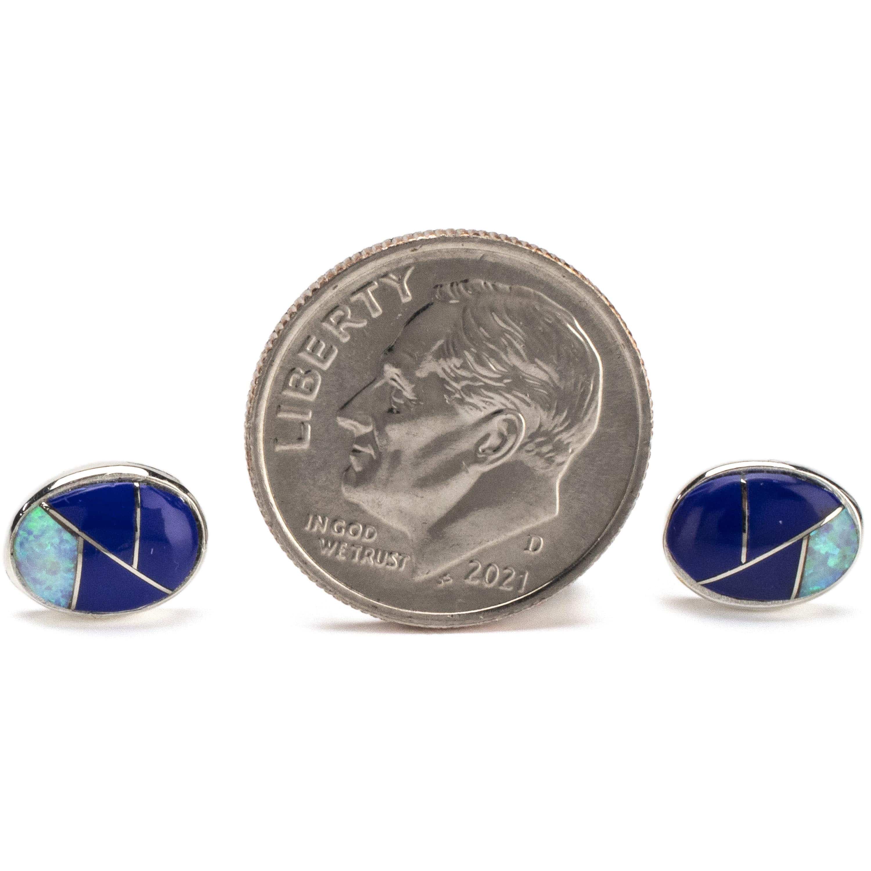 Kalifano Southwest Silver Jewelry Lapis Shell Oval Earrings Handmade with Sterling Silver and Opal Accent NME.2306.LP