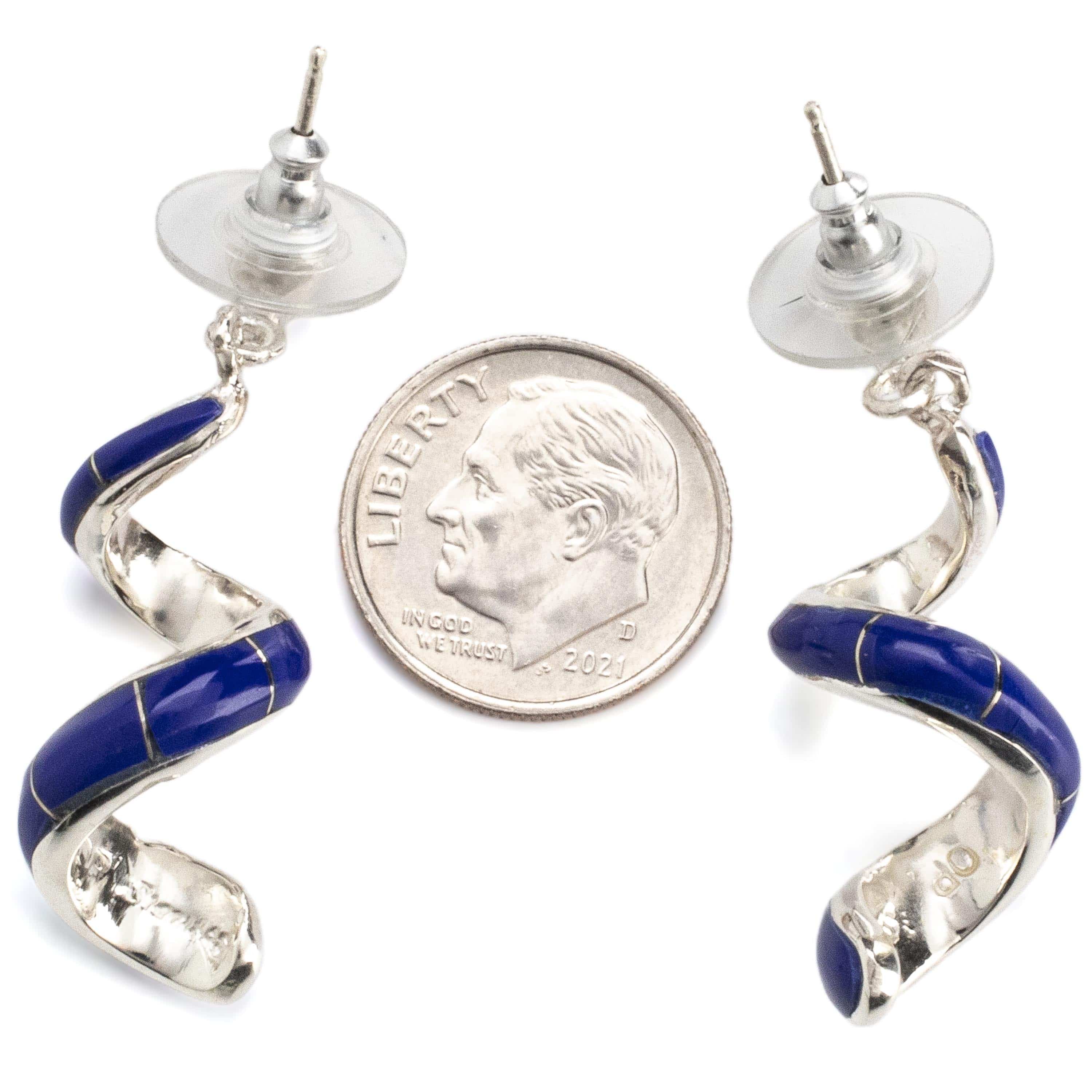 Kalifano Southwest Silver Jewelry Lapis Spiral Dangle Earrings Handmade with Sterling Silver and Opal Accent NME.0416.LP