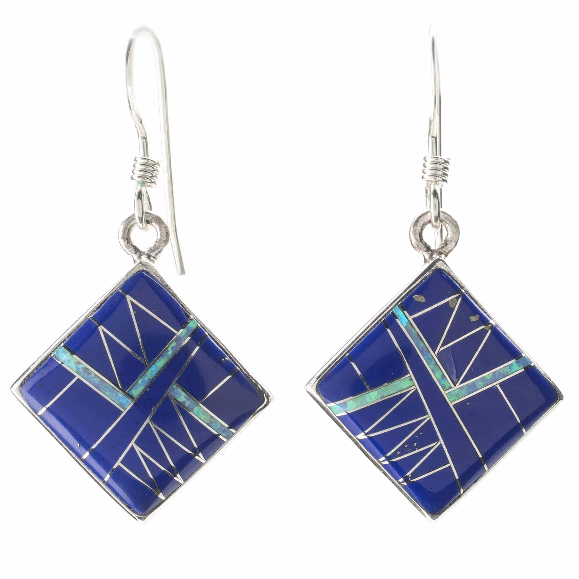 Kalifano Southwest Silver Jewelry Lapis Square 925 Sterling Silver Earring with French Hook USA Handmade with Aqua Opal Accent NME.2016.LP