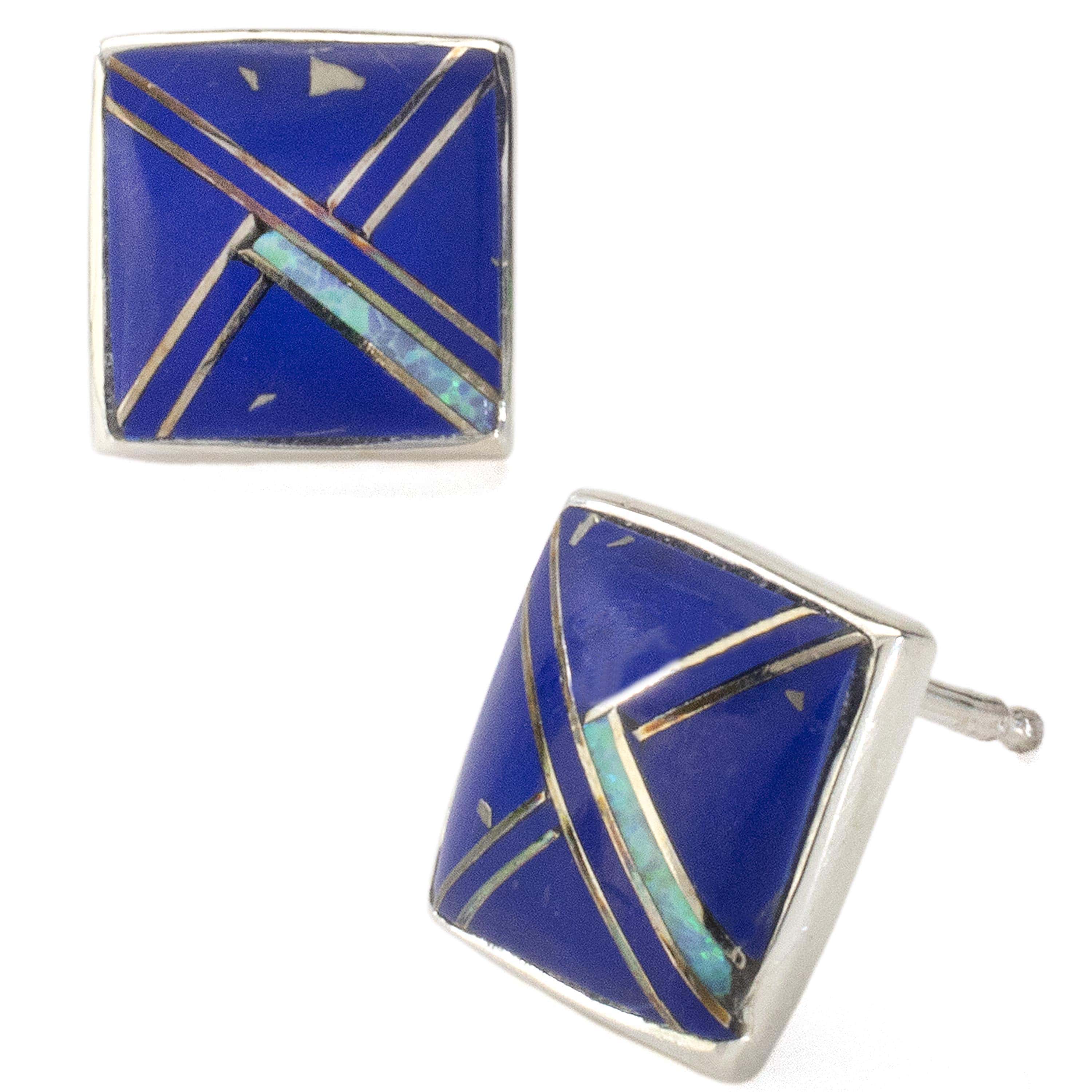 Kalifano Southwest Silver Jewelry Lapis Square Earrings Handmade with Sterling Silver and Opal Accent NME.2263.LP