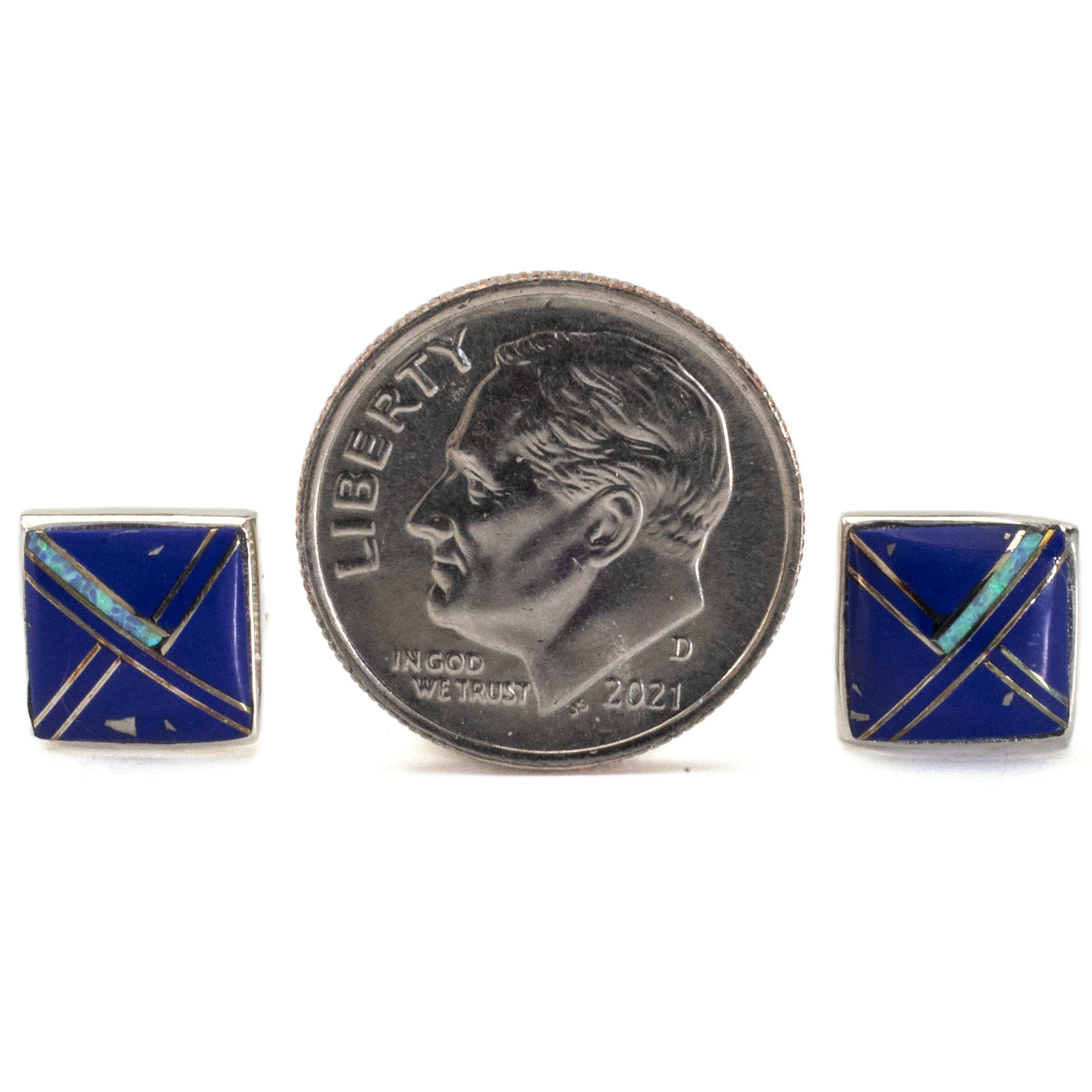 Kalifano Southwest Silver Jewelry Lapis Square Earrings Handmade with Sterling Silver and Opal Accent NME.2263.LP