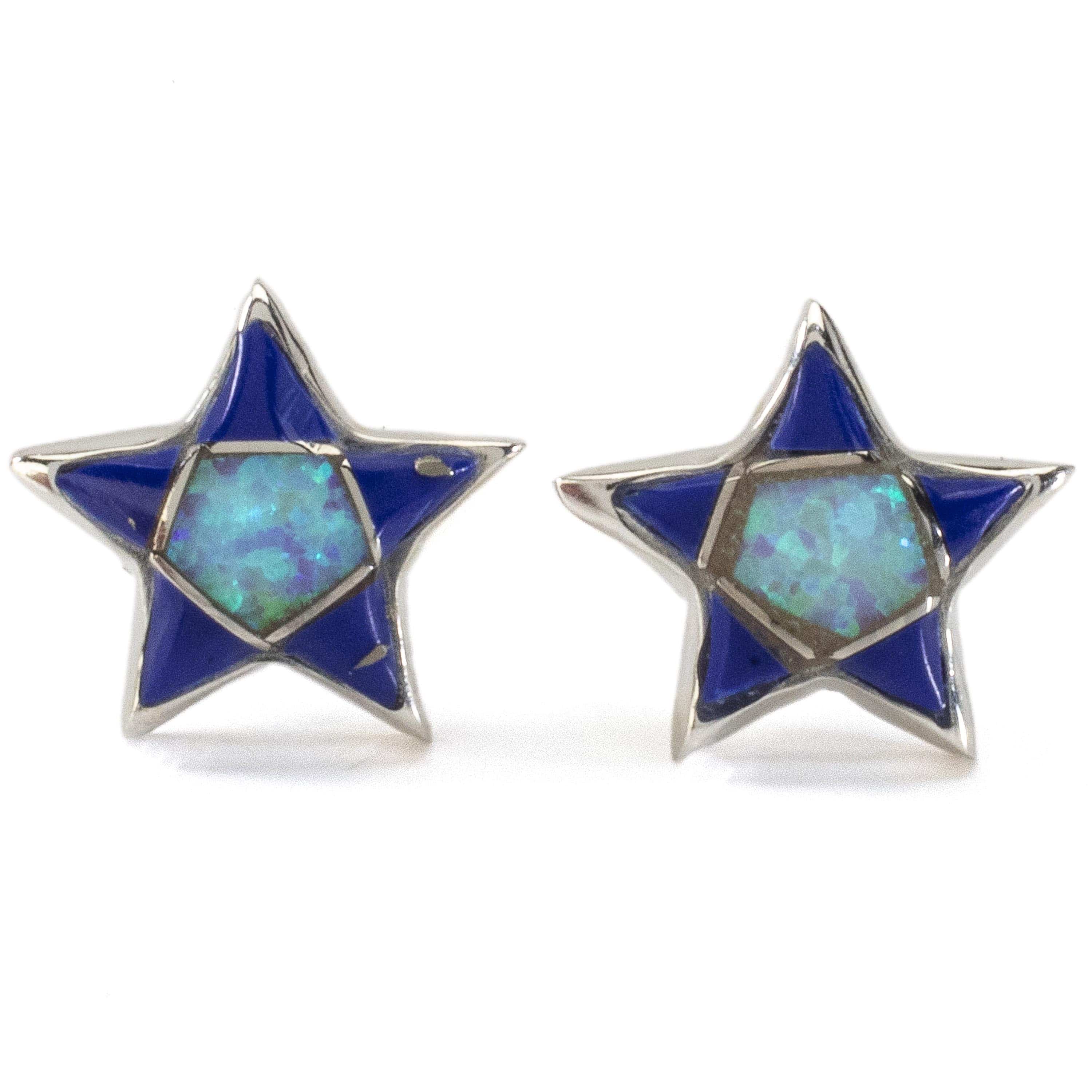 Kalifano Southwest Silver Jewelry Lapis Star Earrings Handmade with Sterling Silver and Opal Accent NME.2243.LP