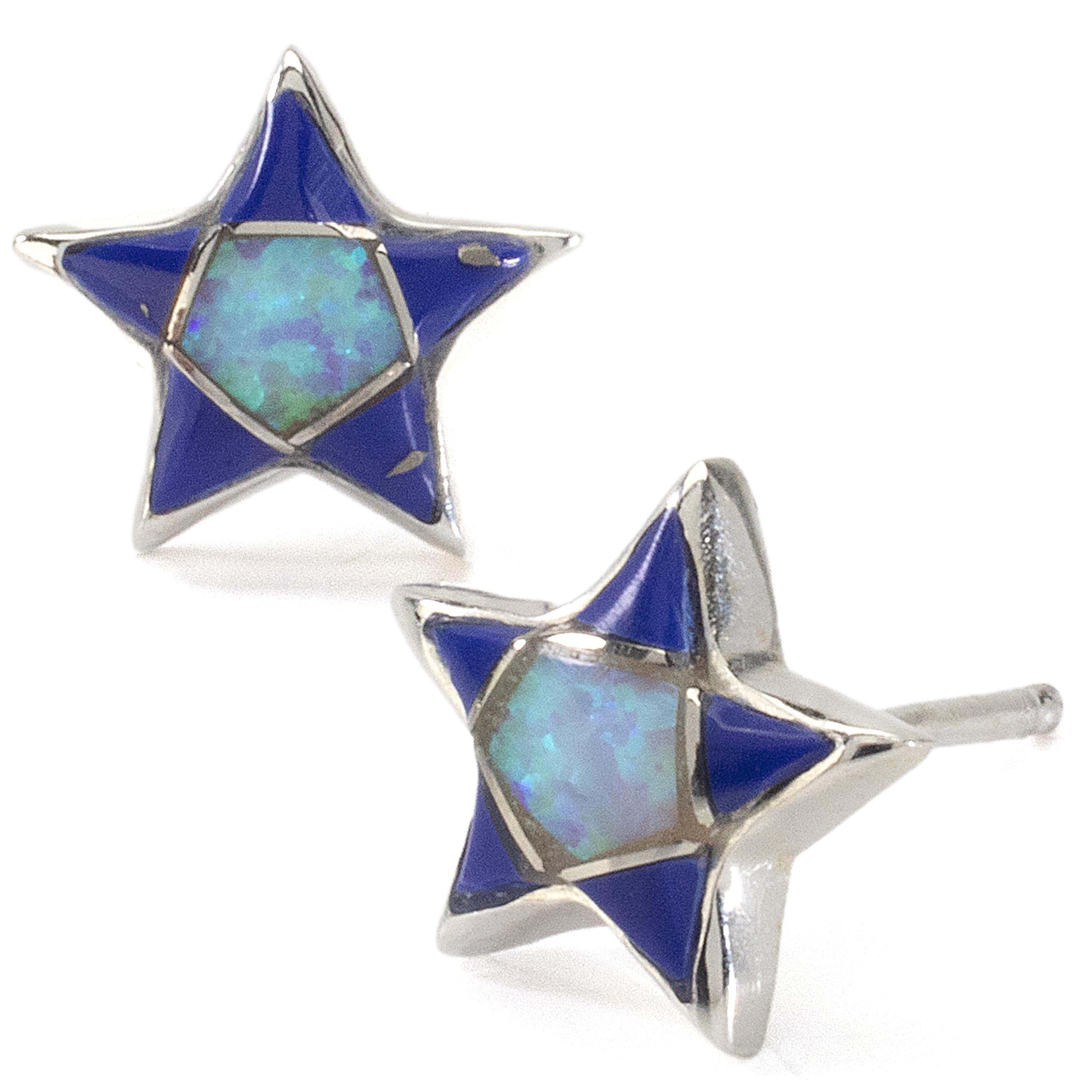 Kalifano Southwest Silver Jewelry Lapis Star Earrings Handmade with Sterling Silver and Opal Accent NME.2243.LP