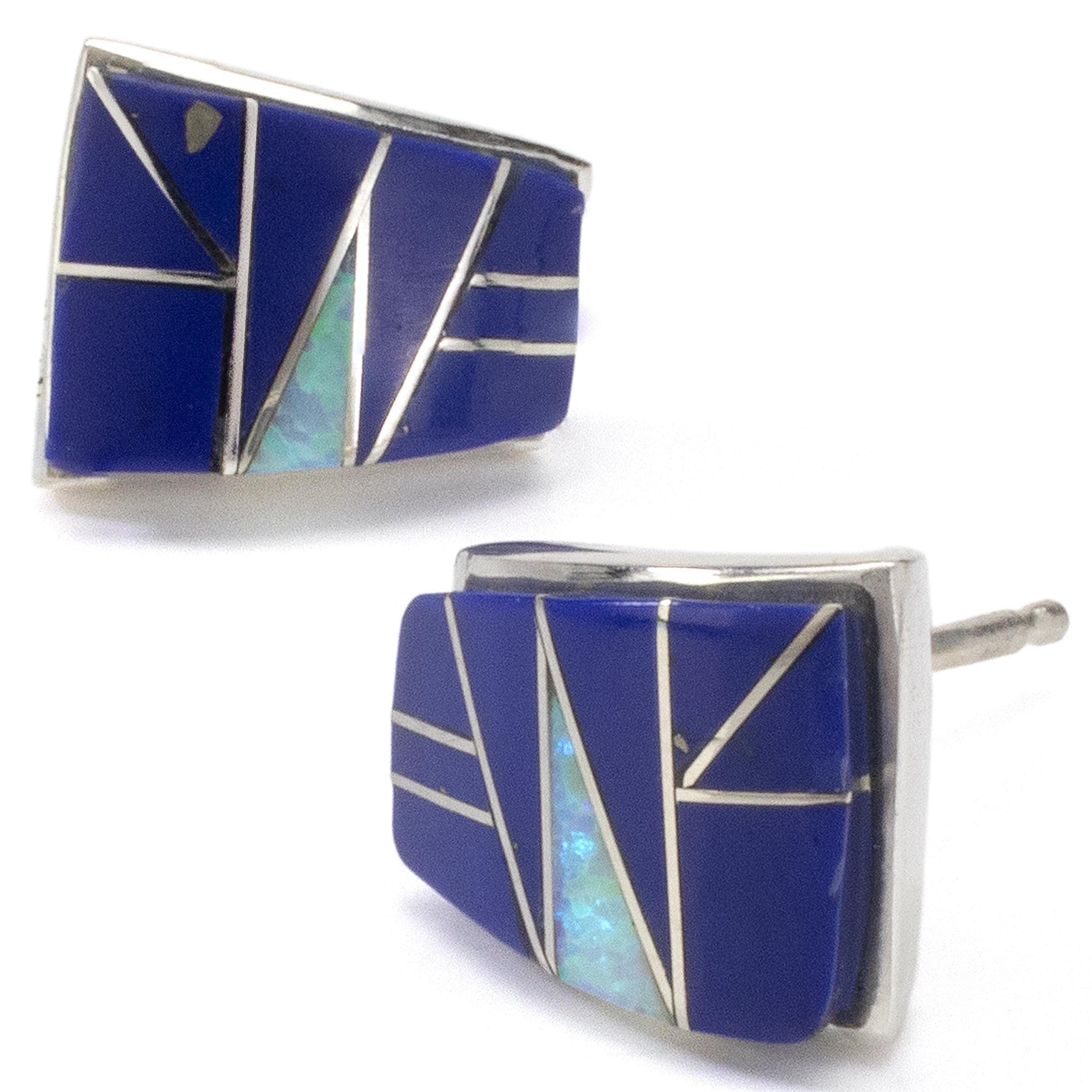 Kalifano Southwest Silver Jewelry Lapis Stud 925 Sterling Silver Earring USA Handmade with Opal Accent NME.0366.LP