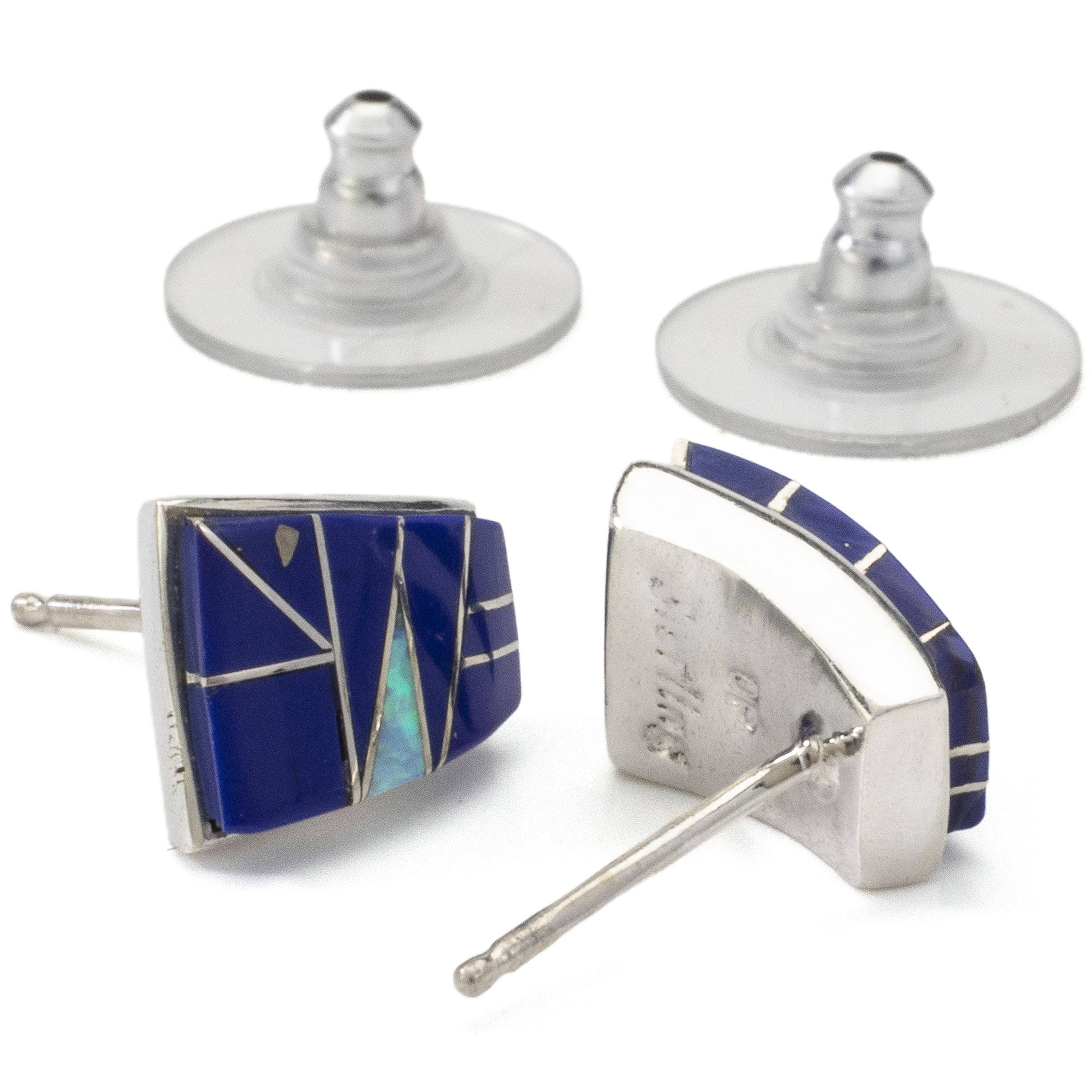 Kalifano Southwest Silver Jewelry Lapis Stud 925 Sterling Silver Earring USA Handmade with Opal Accent NME.0366.LP