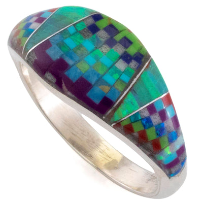 Kalifano Southwest Silver Jewelry Multi Gem Opal Micro Inlay Handmade 925 Sterling Silver Ring