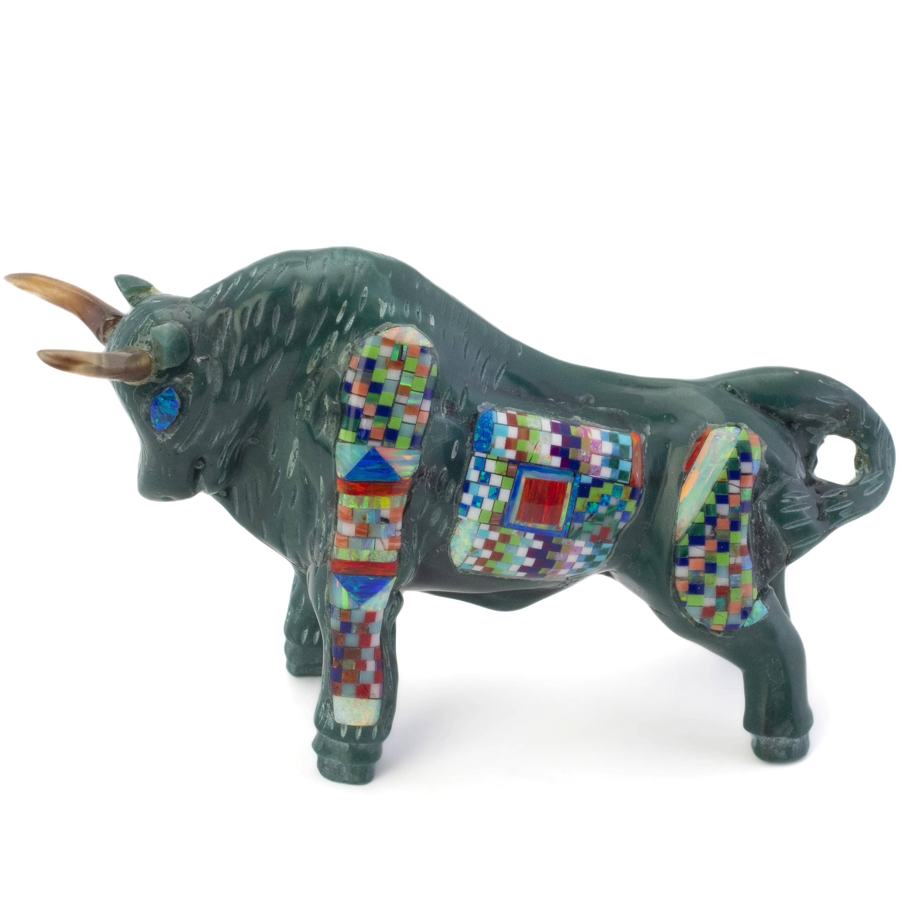KALIFANO Southwest Silver Jewelry Multi Gem Opal Micro Inlay Handmade Green Enhanced Turquoise Bull Carving AKC800.001