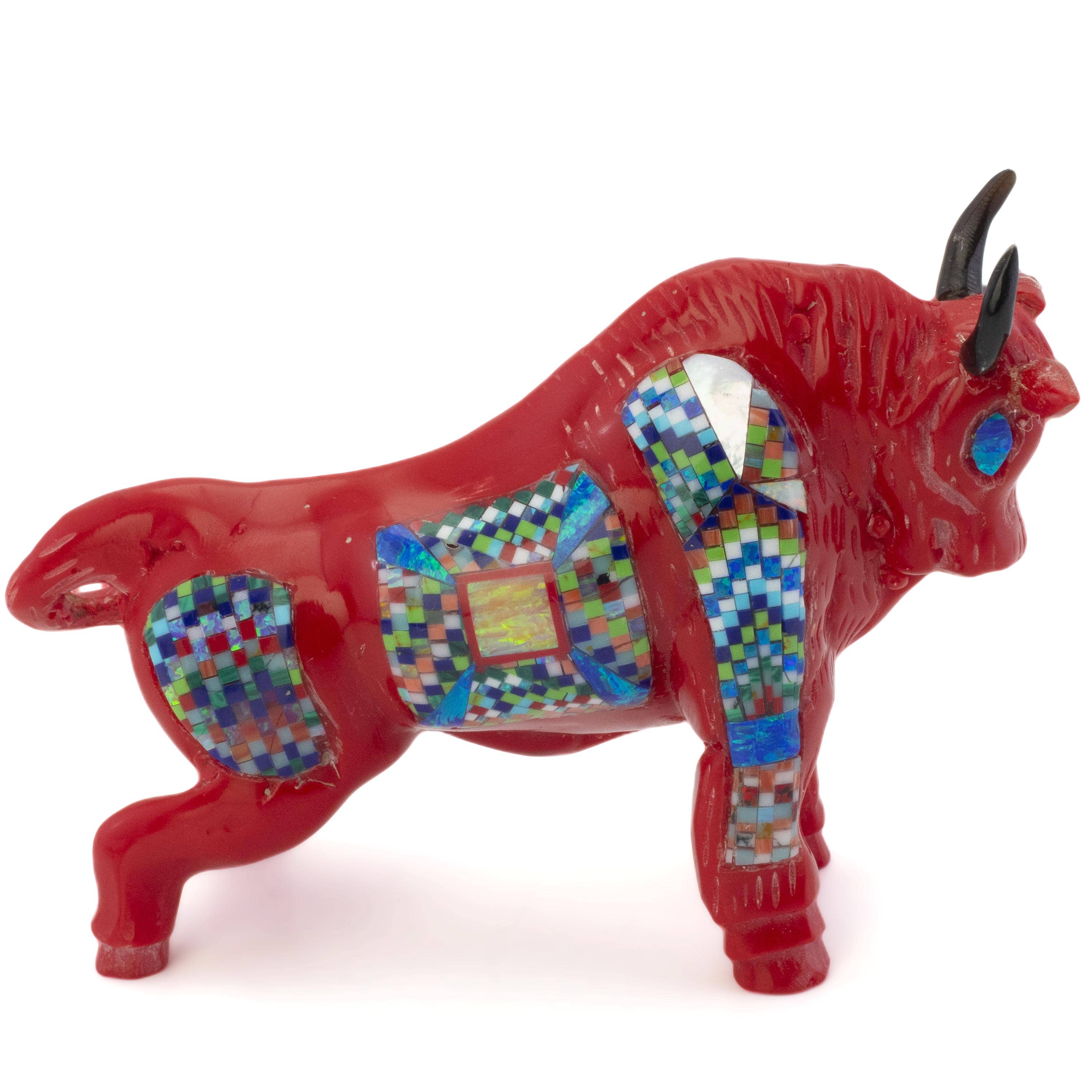 KALIFANO Southwest Silver Jewelry Multi Gem Opal Micro Inlay Handmade Red Sponge Coral Bull Carving AKC800.002