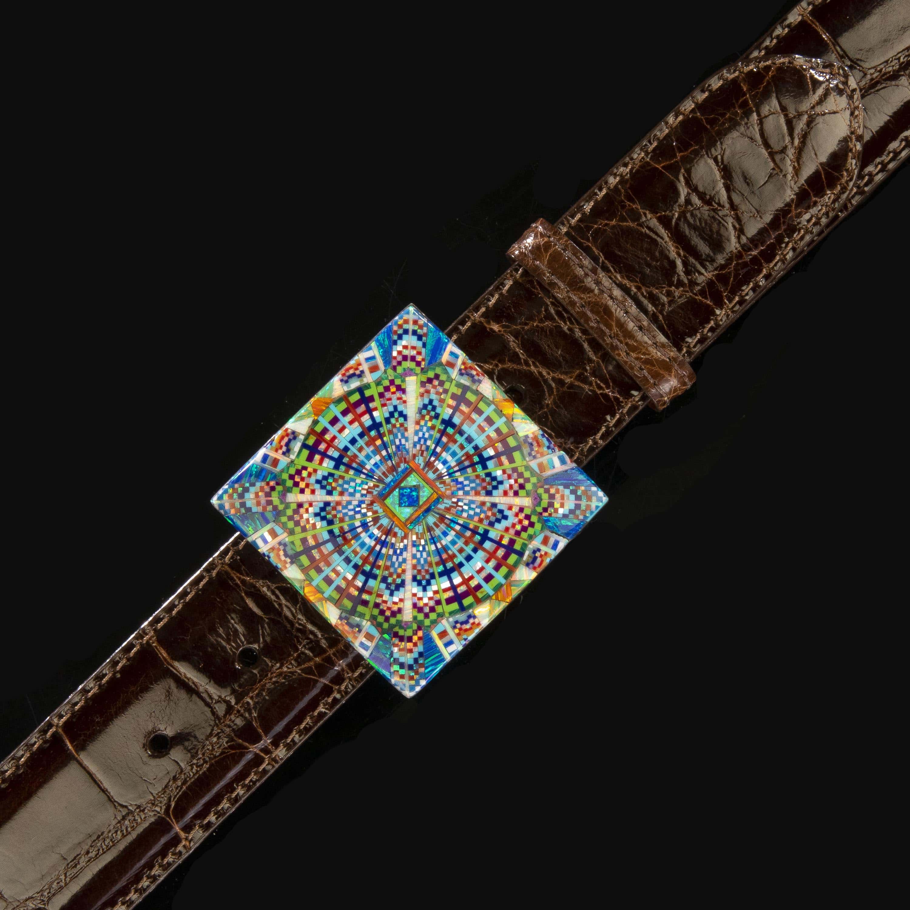 KALIFANO Southwest Silver Jewelry Multi Gem Opal Micro Inlay with Genuine Turquoise Handmade 925 Sterling Silver Square Belt Buckle AKBB1200.005