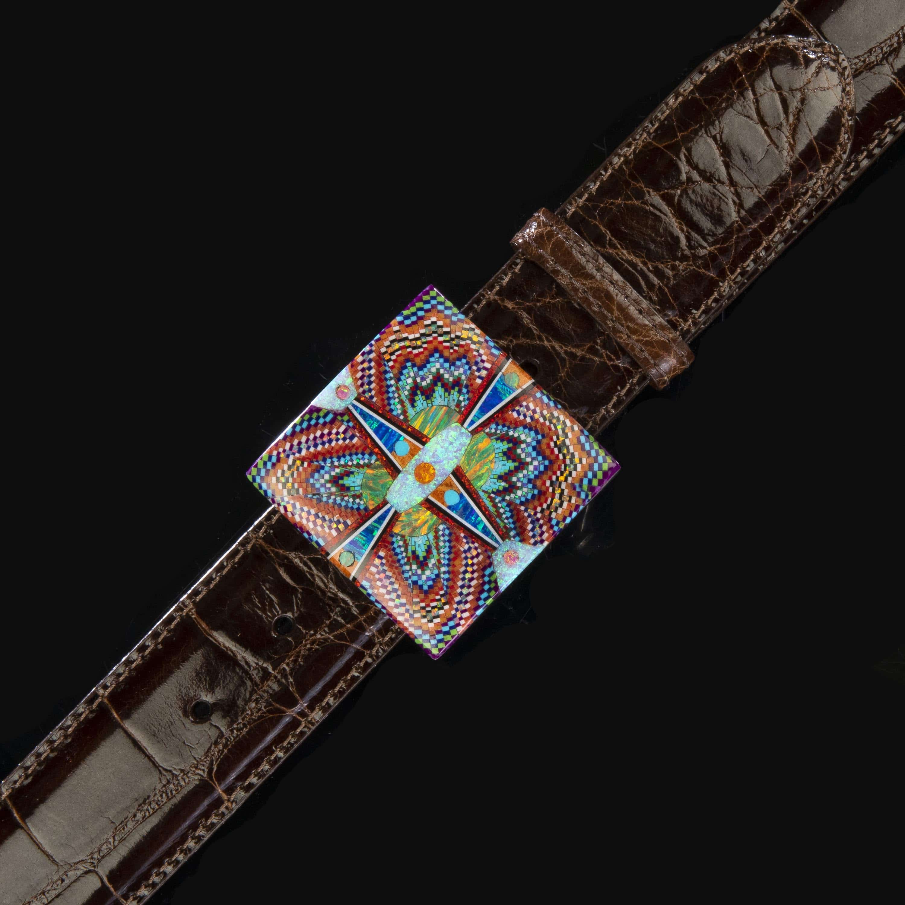 KALIFANO Southwest Silver Jewelry Multi Gem Opal Micro Inlay with Genuine Turquoise Handmade 925 Sterling Silver Square Belt Buckle AKBB1200.006