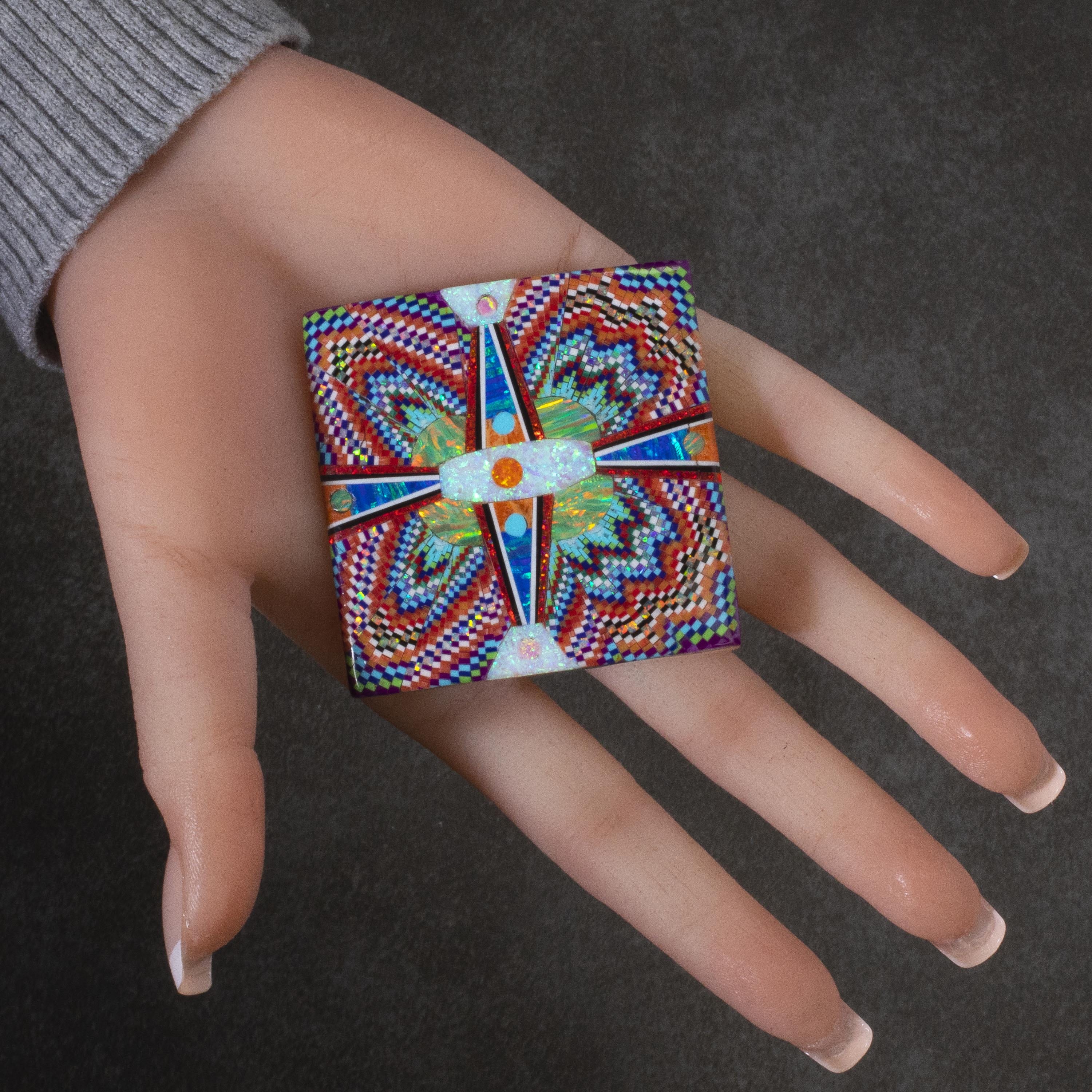 KALIFANO Southwest Silver Jewelry Multi Gem Opal Micro Inlay with Genuine Turquoise Handmade 925 Sterling Silver Square Belt Buckle AKBB1200.006