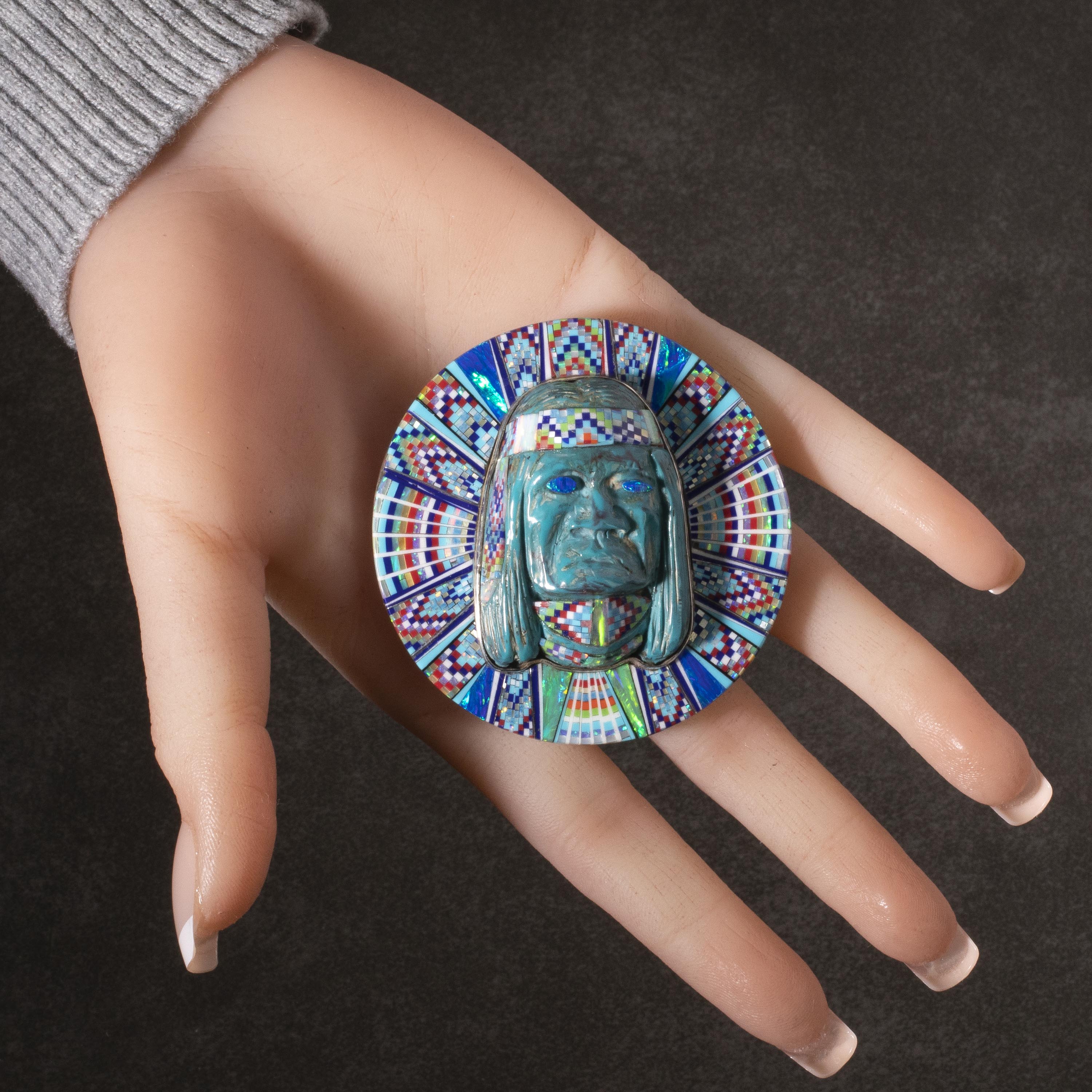 KALIFANO Southwest Silver Jewelry Multi Gem Opal Micro Inlay with Genuine Turquoise Indian Chief Handmade 925 Sterling Silver Circular Belt Buckle AKBB2400.003