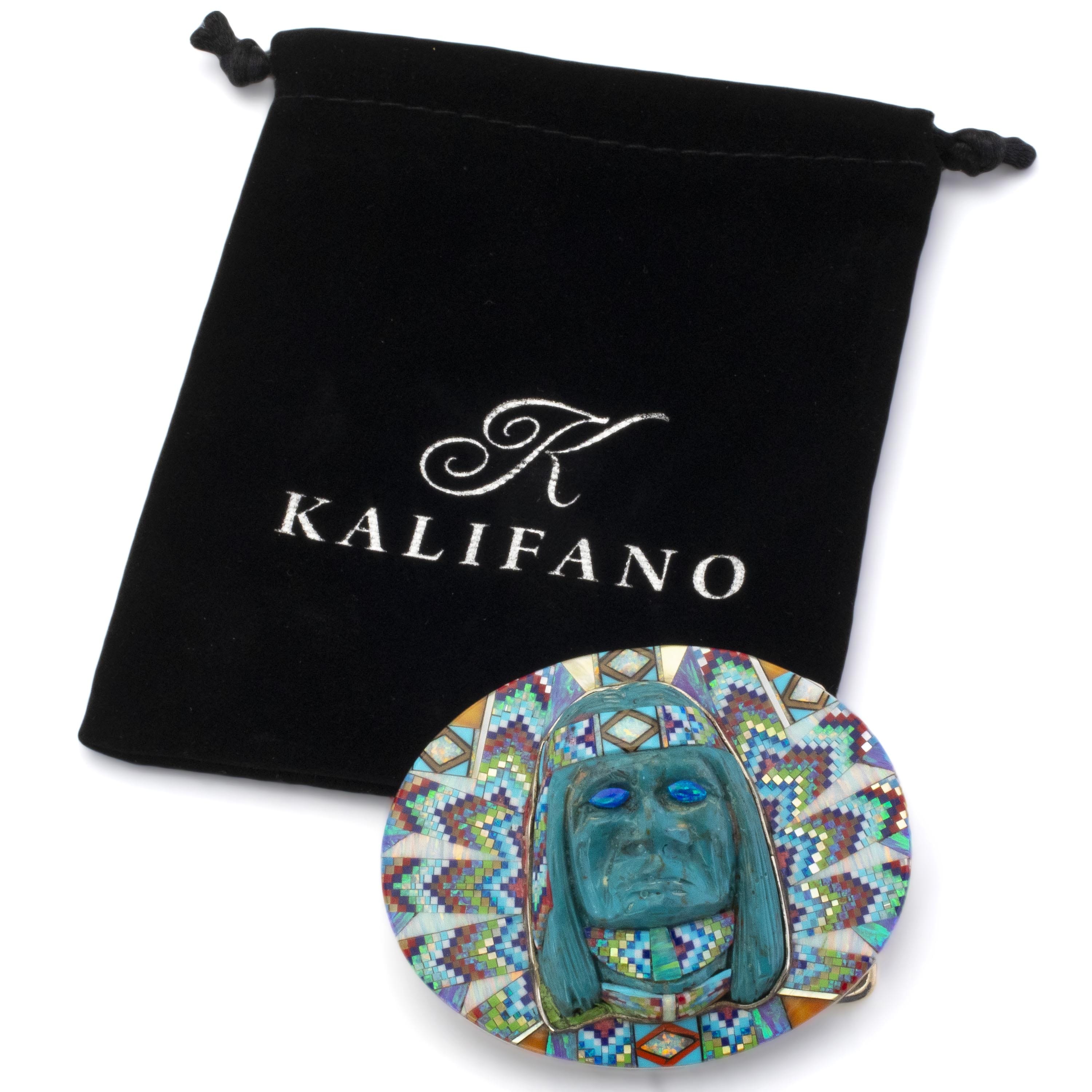 KALIFANO Southwest Silver Jewelry Multi Gem Opal Micro Inlay with Genuine Turquoise Indian Chief Handmade 925 Sterling Silver Oval Belt Buckle AKBB2400.002
